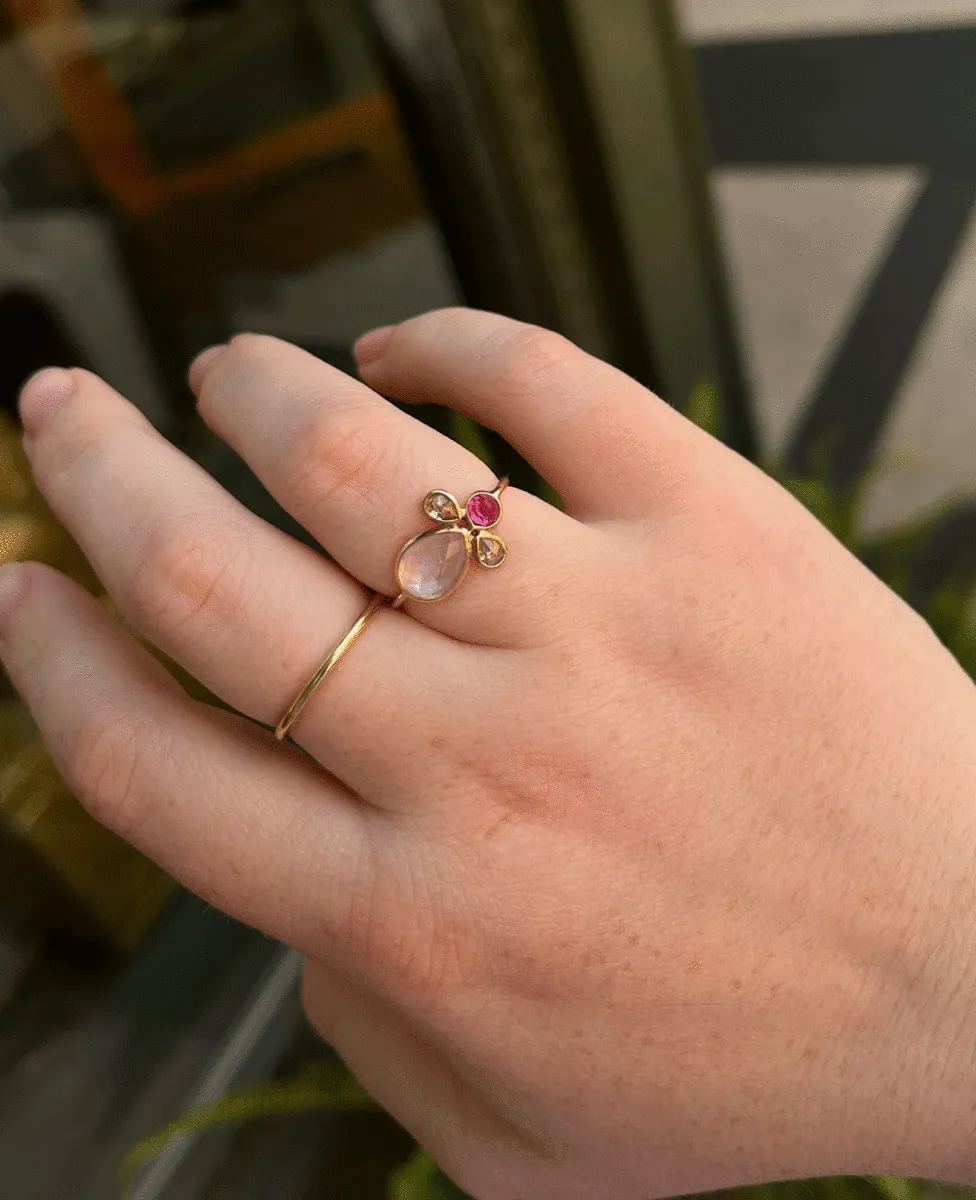  14k Gold Moonstone, Ruby   Diamond Ring 