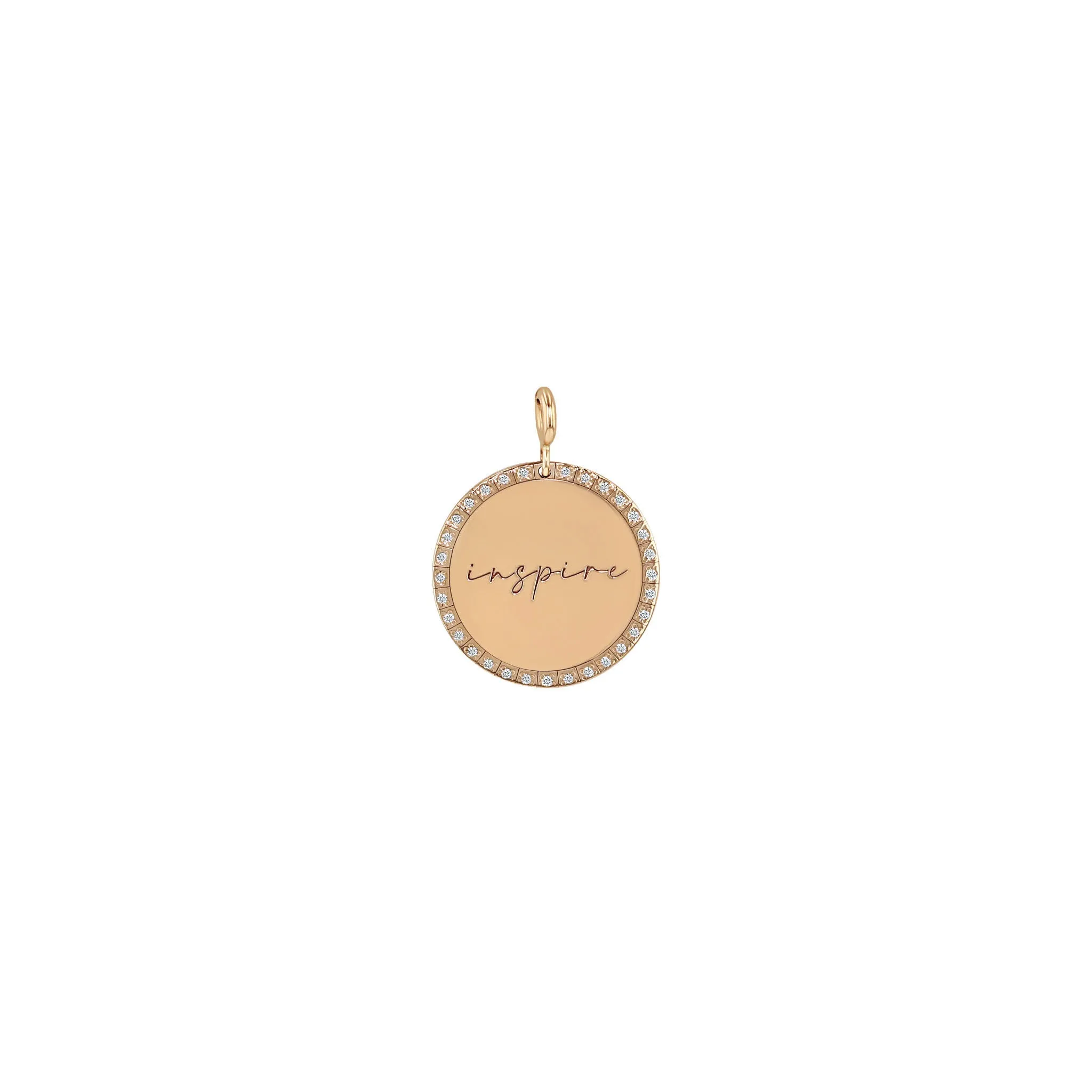 14k Single Medium inspire Disc with Diamond Border Charm Pendant