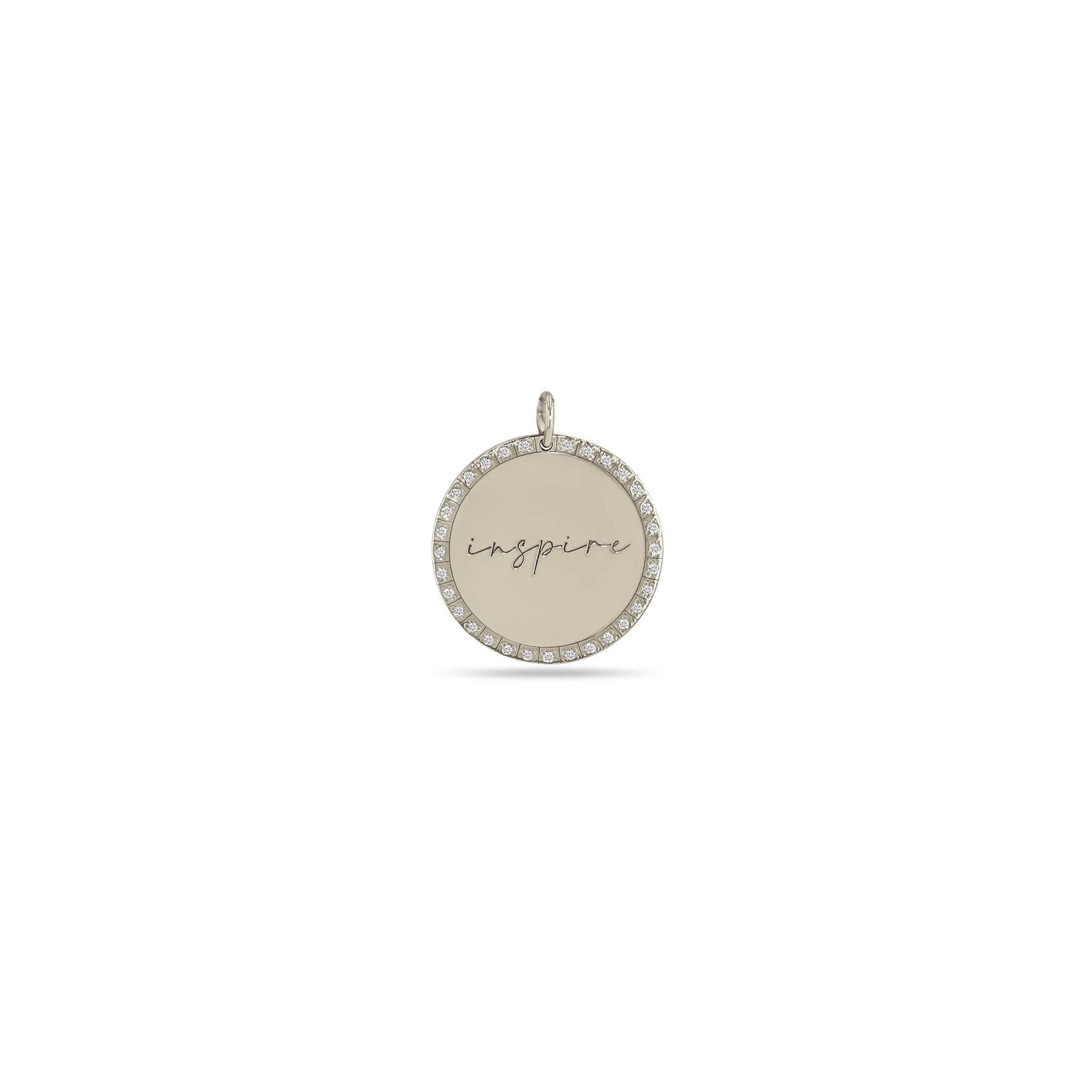 14k Single Medium inspire Disc with Diamond Border Charm Pendant