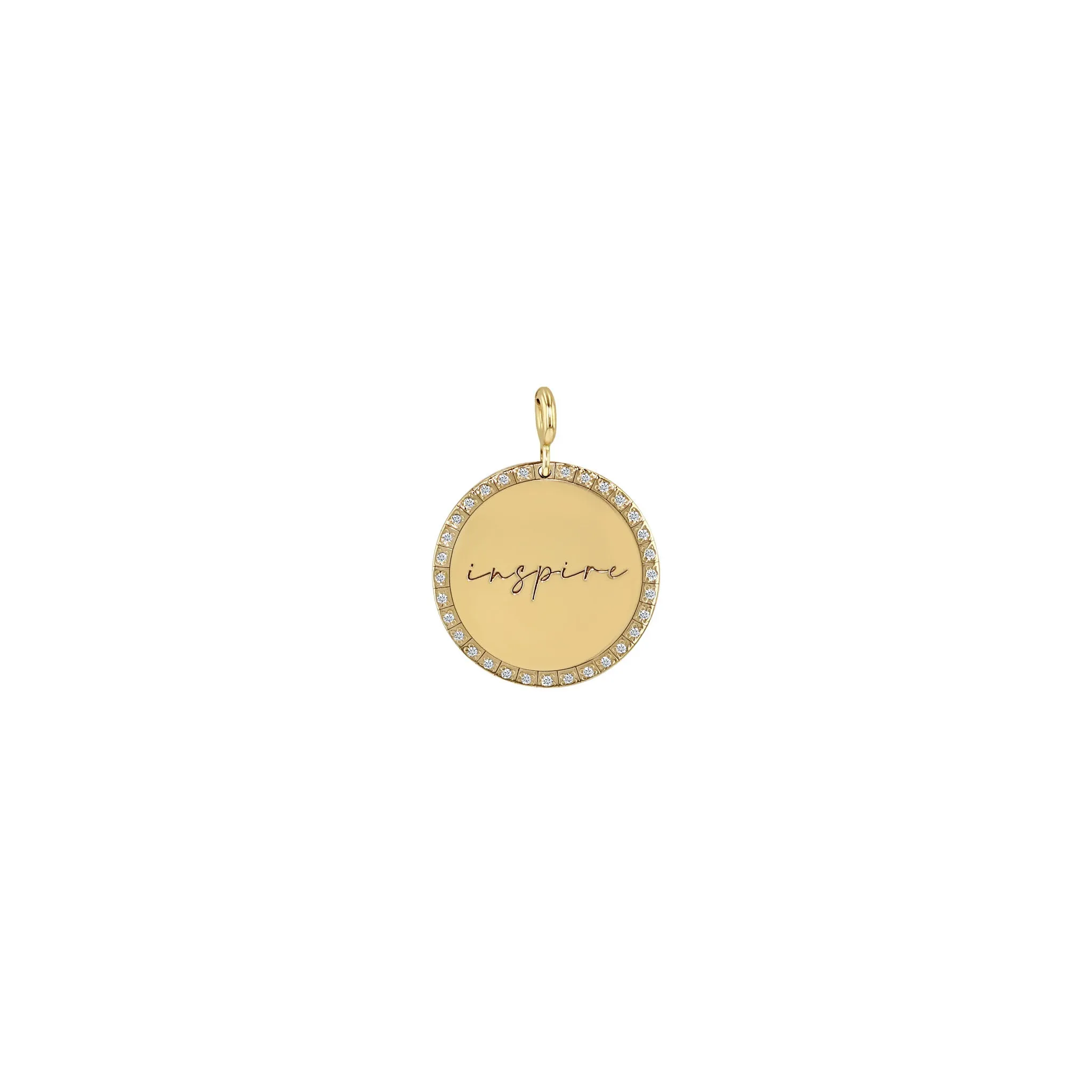 14k Single Medium inspire Disc with Diamond Border Charm Pendant