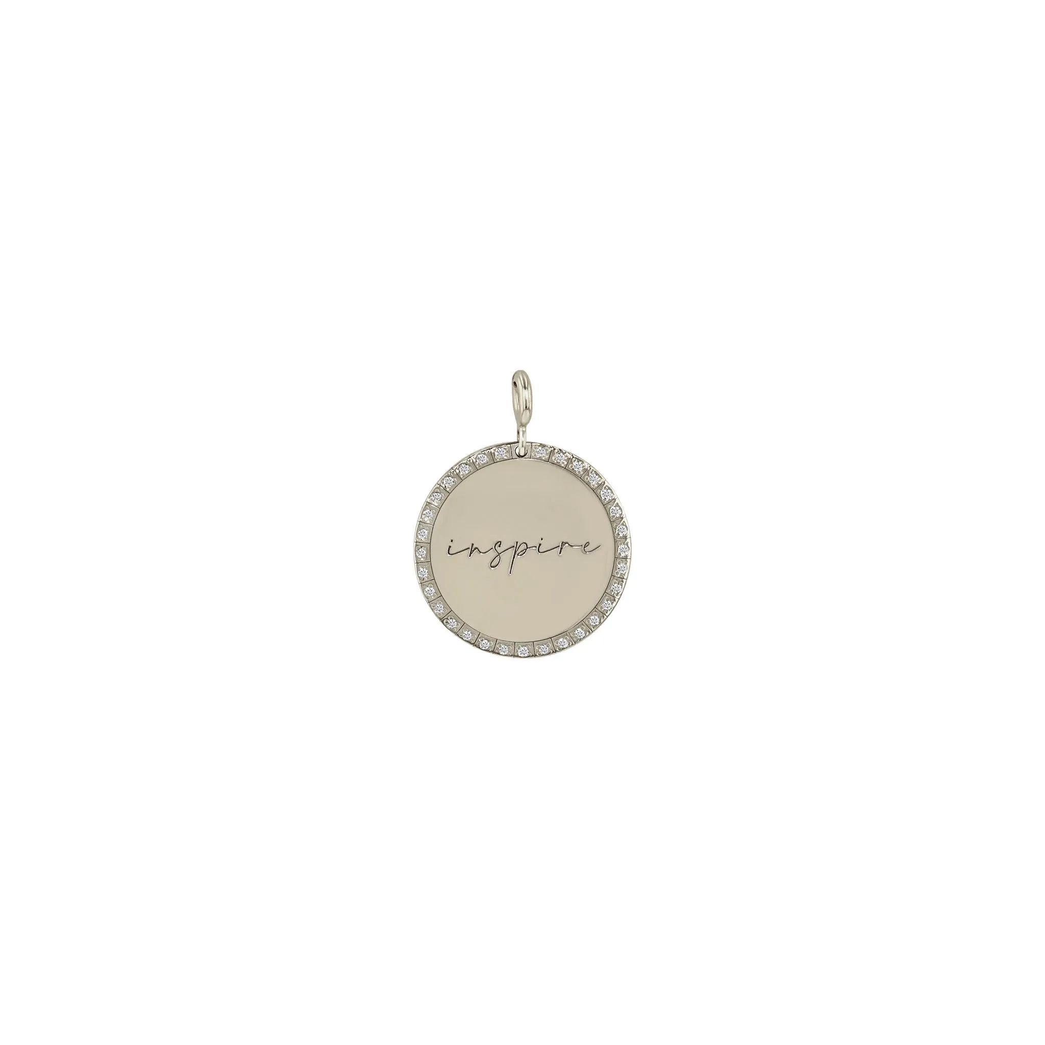 14k Single Medium inspire Disc with Diamond Border Charm Pendant