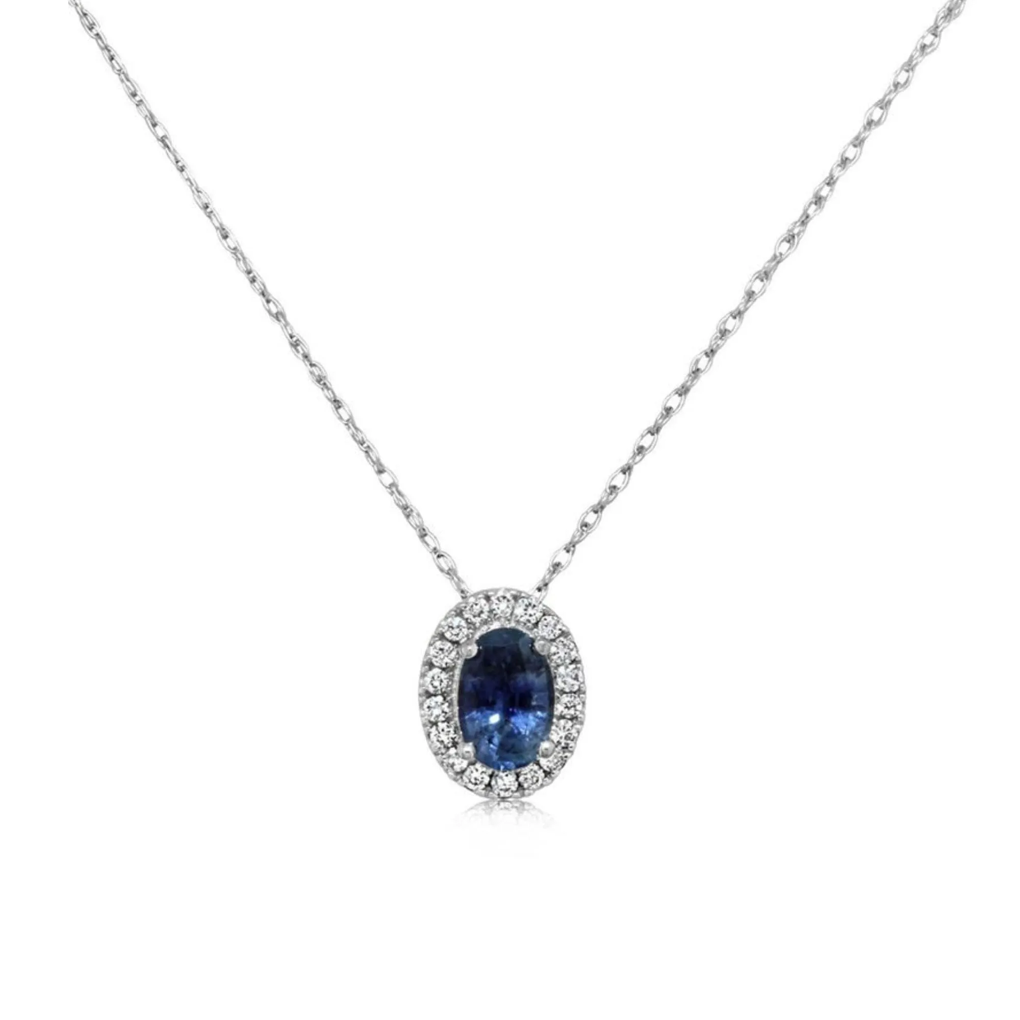 14K WHITE GOLD OVAL MONTANA SAPPHIRE AND DIAMOND HALO PENDANT