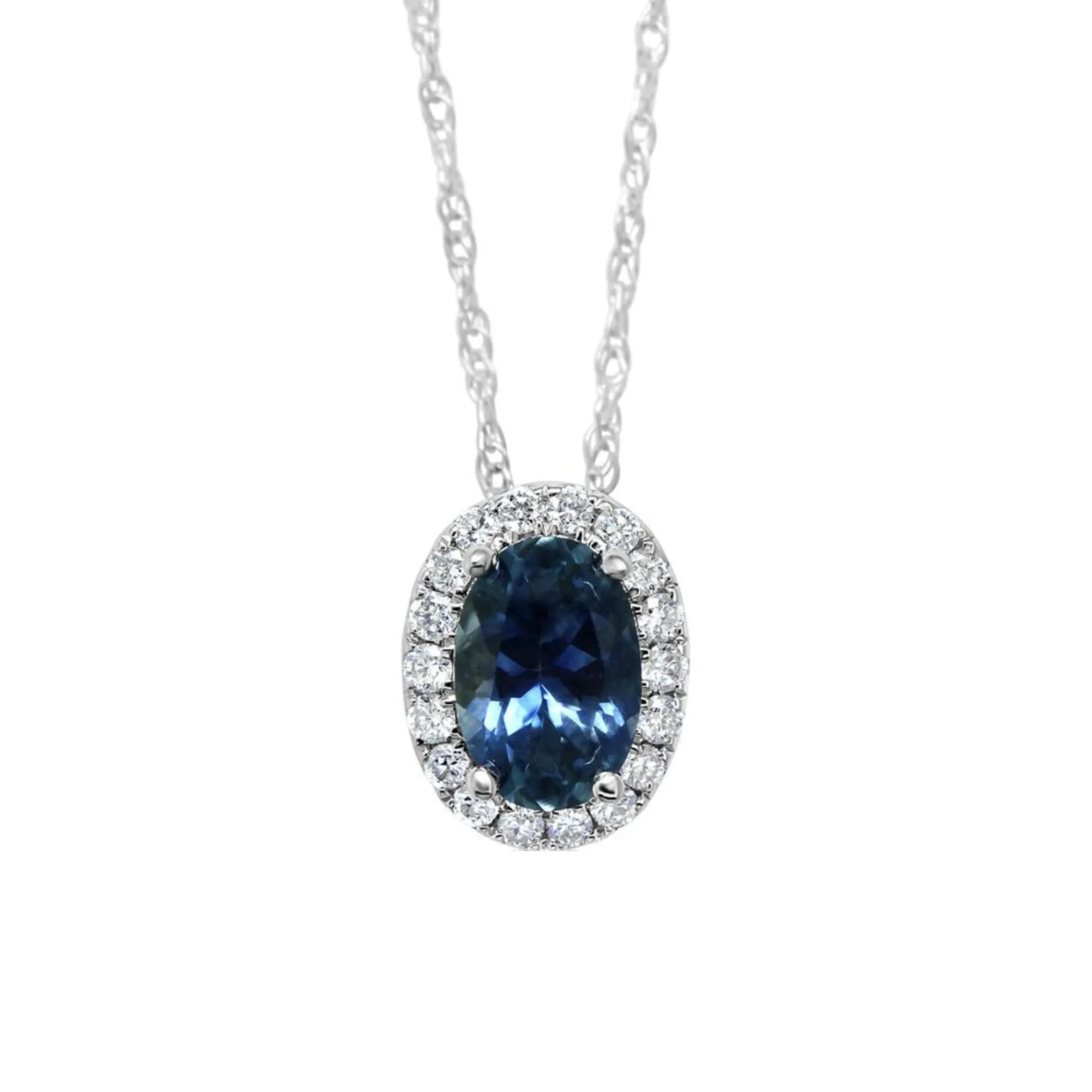 14K WHITE GOLD OVAL MONTANA SAPPHIRE AND DIAMOND HALO PENDANT