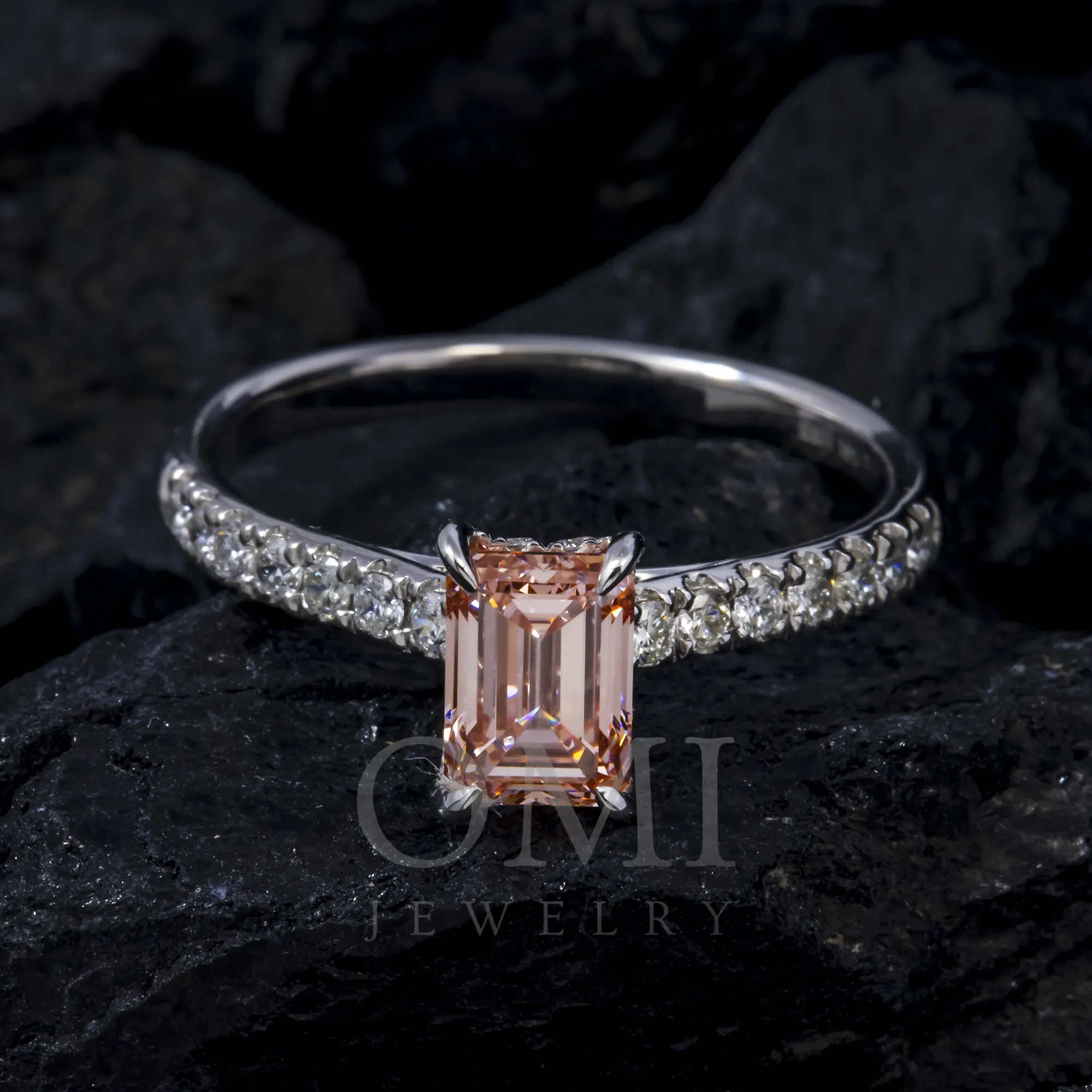 18K GOLD FANCY PINK EMERALD CUT LAB DIAMOND ENGAGEMENT RING 1.39 CTW