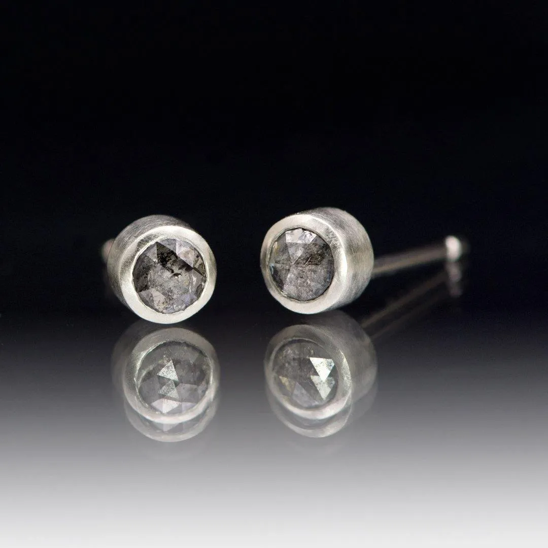 3mm Salt & Pepper Rose Cut Diamond Simple Bezel Set Gold Stud Earrings