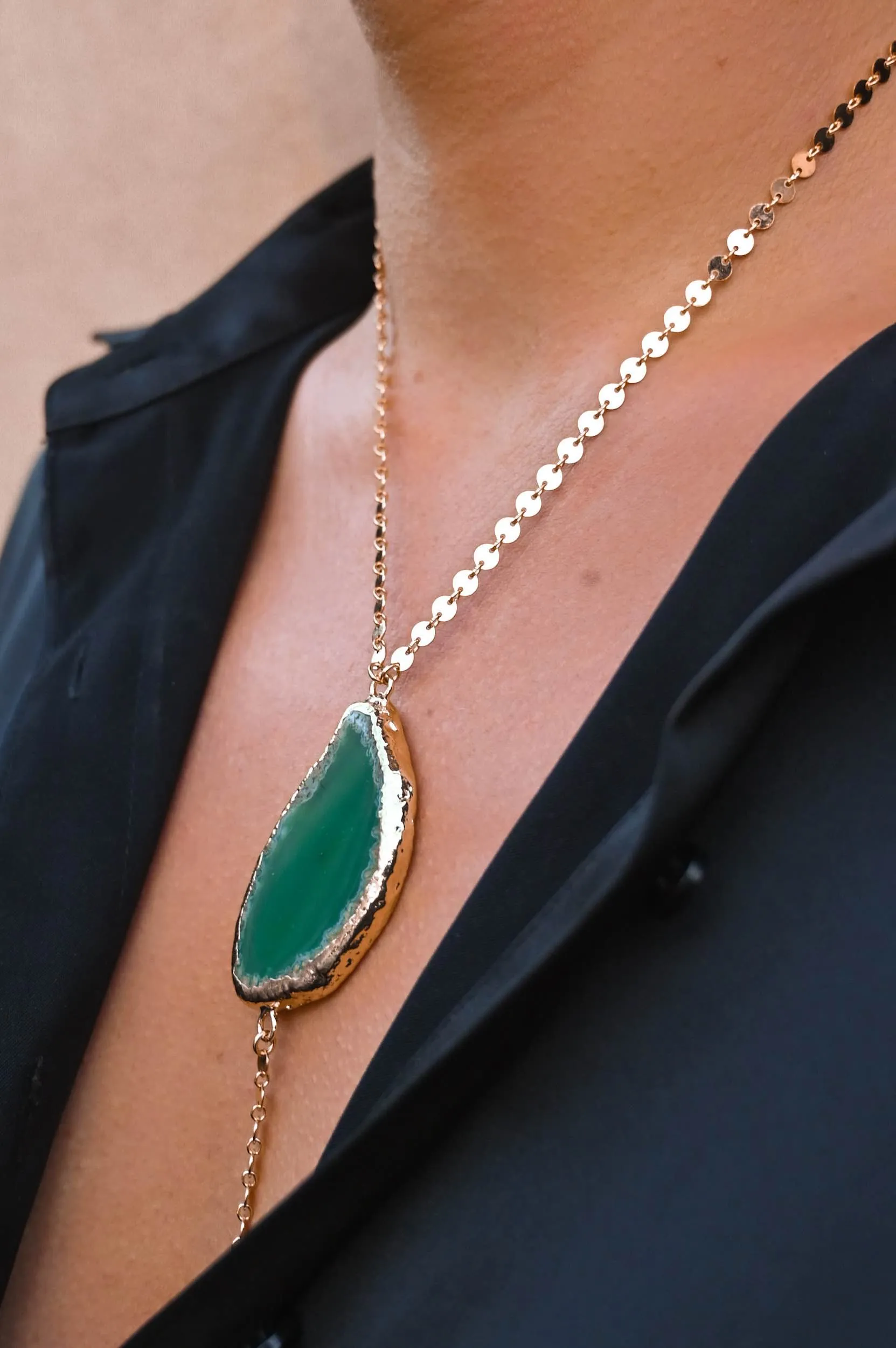 Abundance Green Agate Gold Lariat Necklace