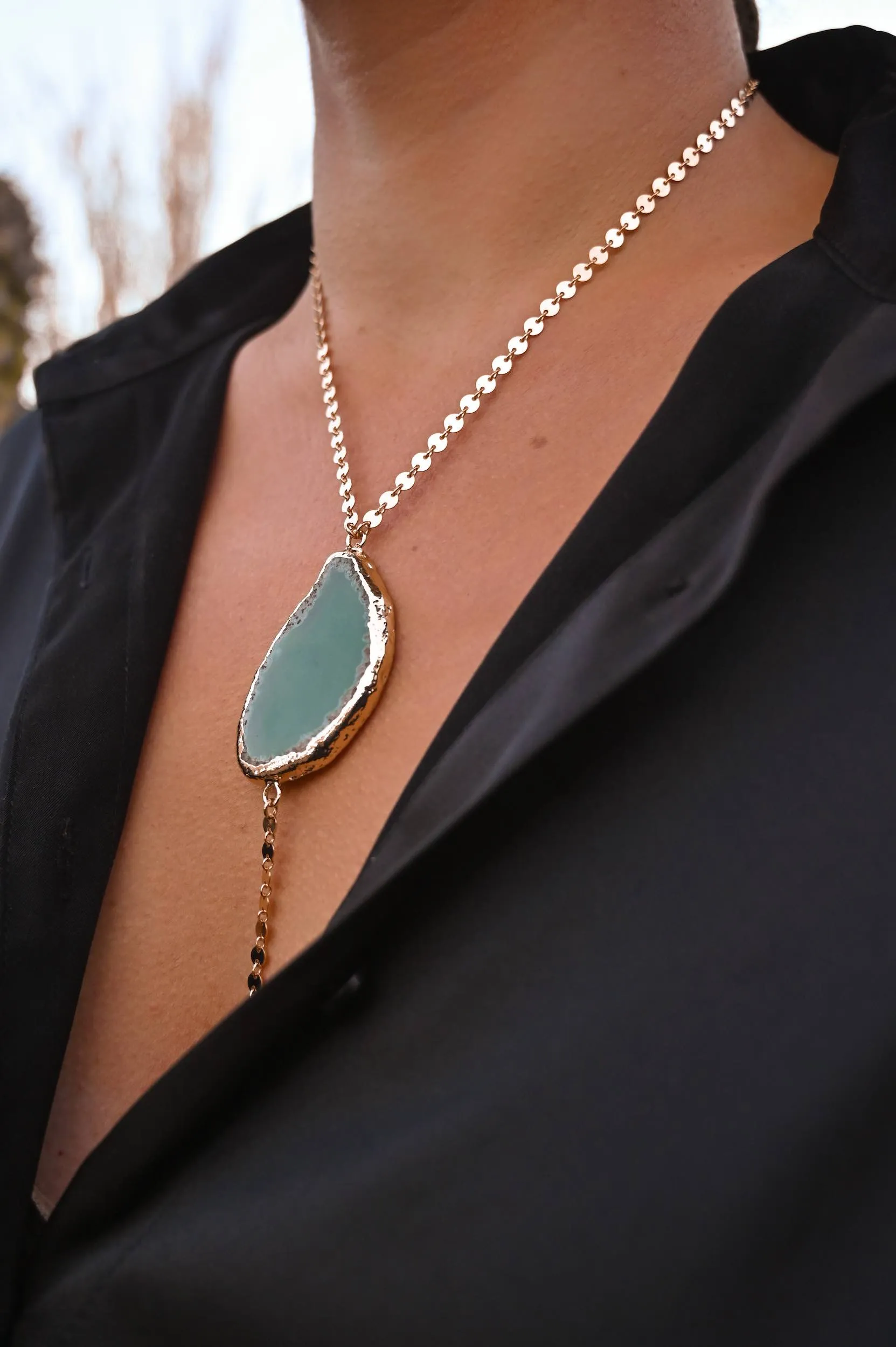 Abundance Green Agate Gold Lariat Necklace