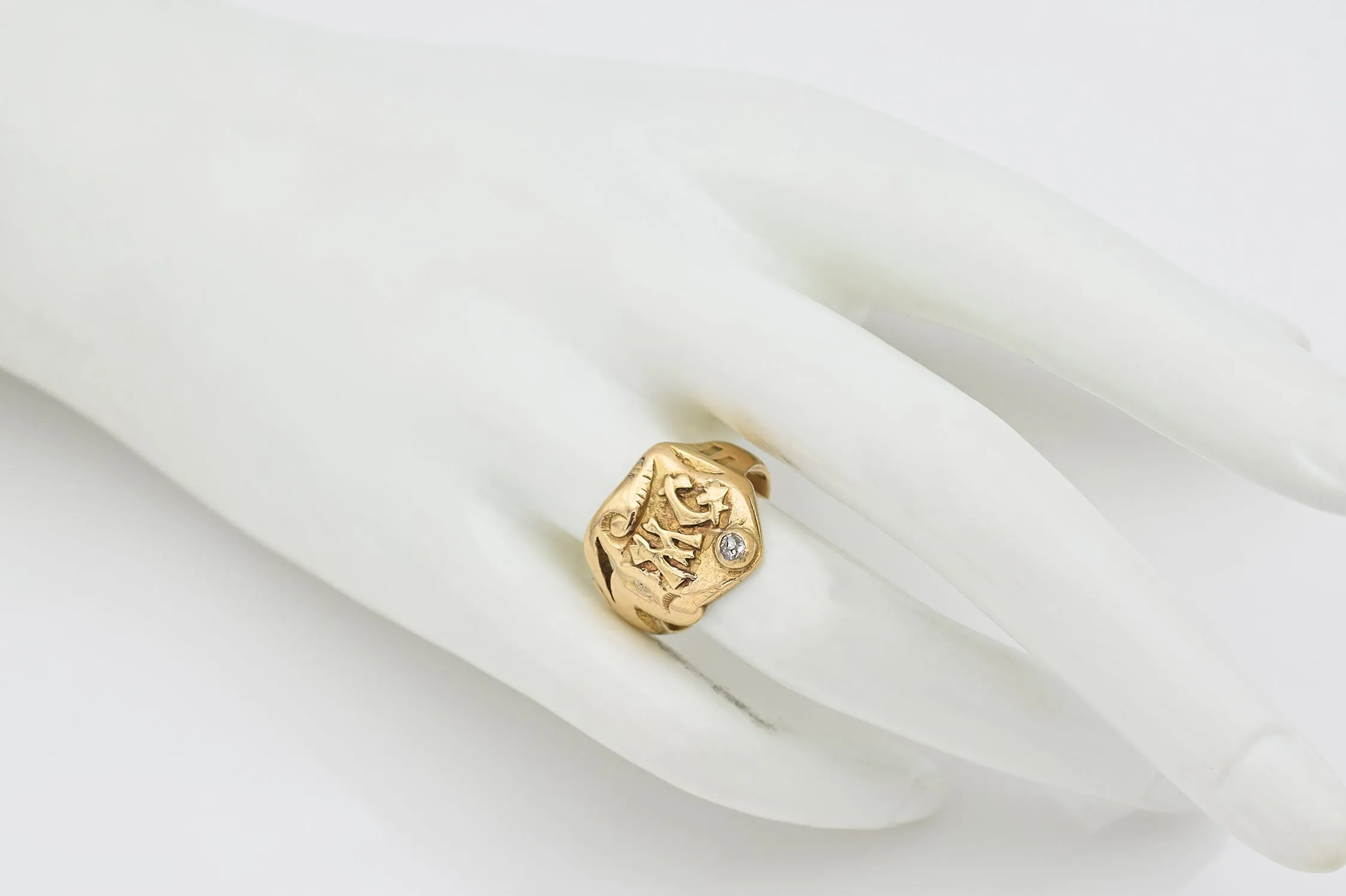 Antique 14K Yellow Gold Mine Cut Diamond M G Initial Signet Ring