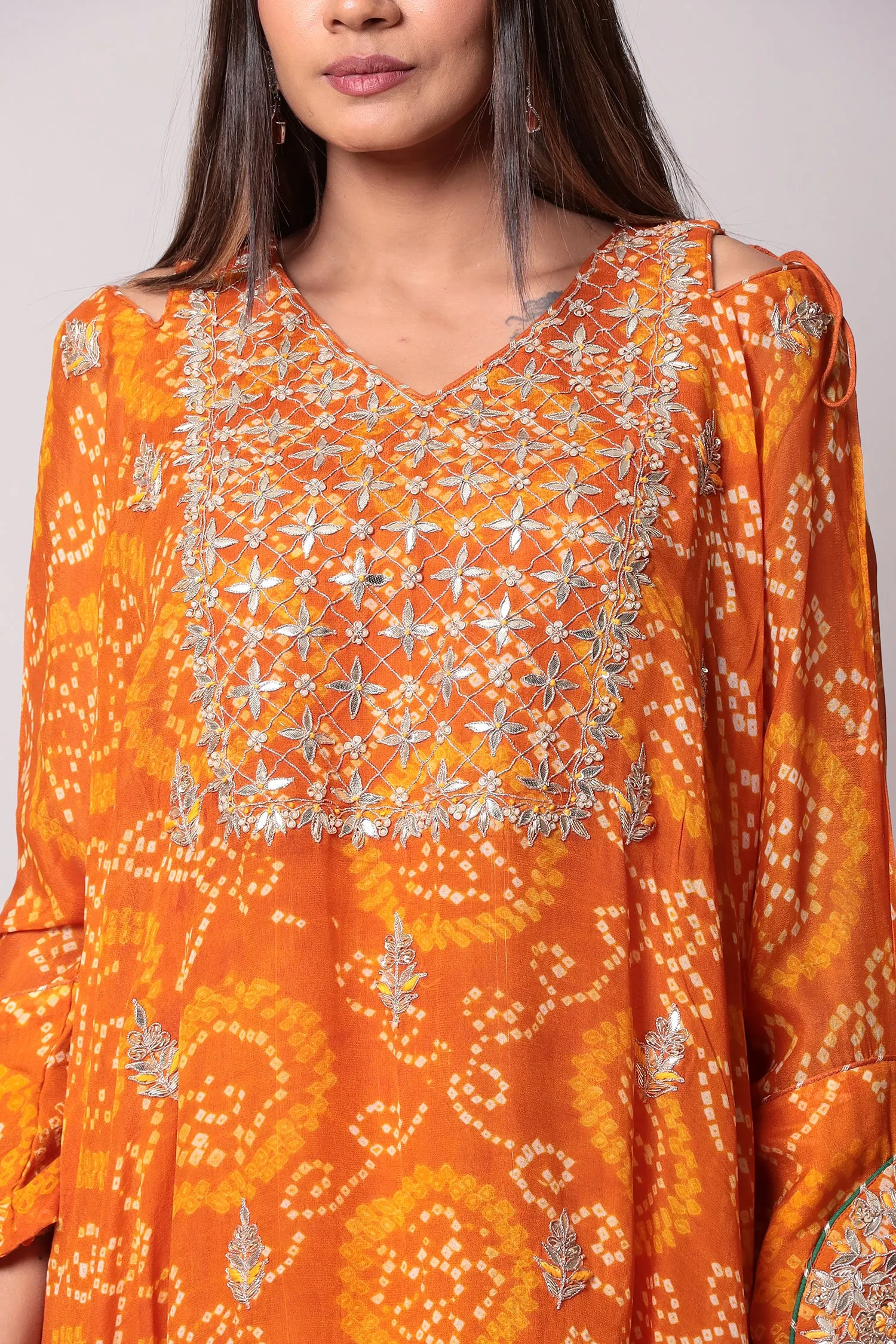 Bandhej Georgette Kaftan with Gota Patti work.