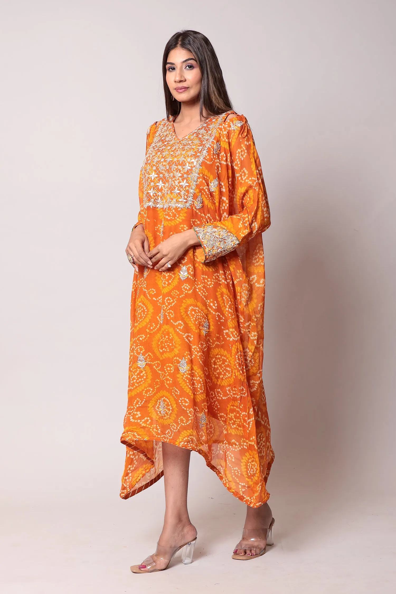 Bandhej Georgette Kaftan with Gota Patti work.