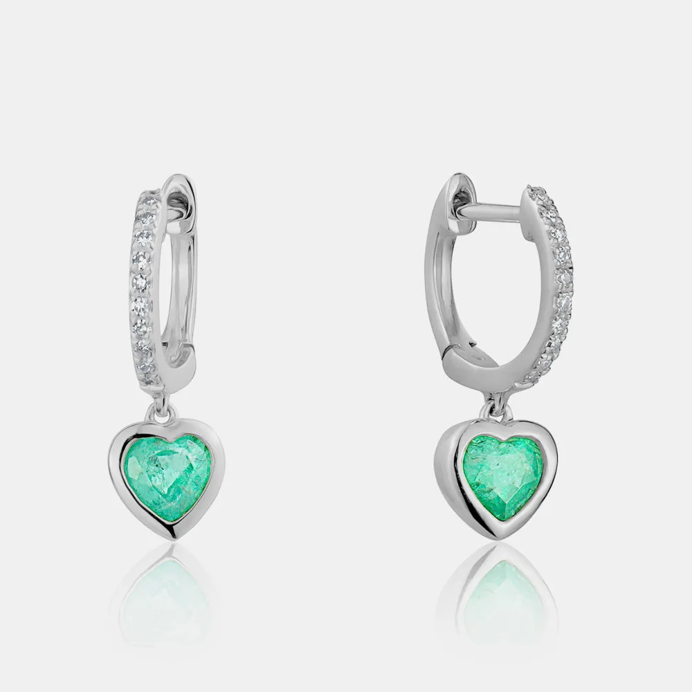 Bezel Set Green Emerald Heart Huggies