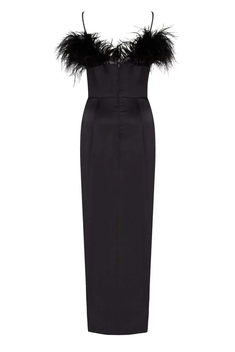 Black Celina Slip Midi Feathered Dress