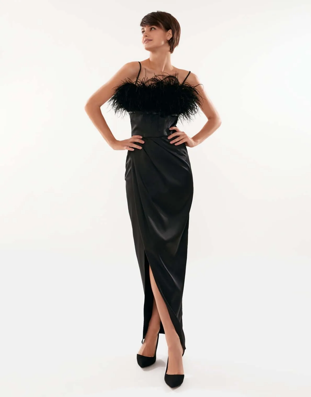 Black Celina Slip Midi Feathered Dress