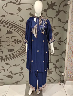 Blue Raw Silk Plazzo Suit With Dupatta