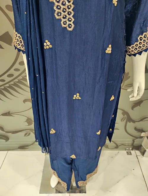 Blue Raw Silk Plazzo Suit With Dupatta