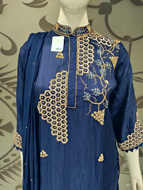 Blue Raw Silk Plazzo Suit With Dupatta