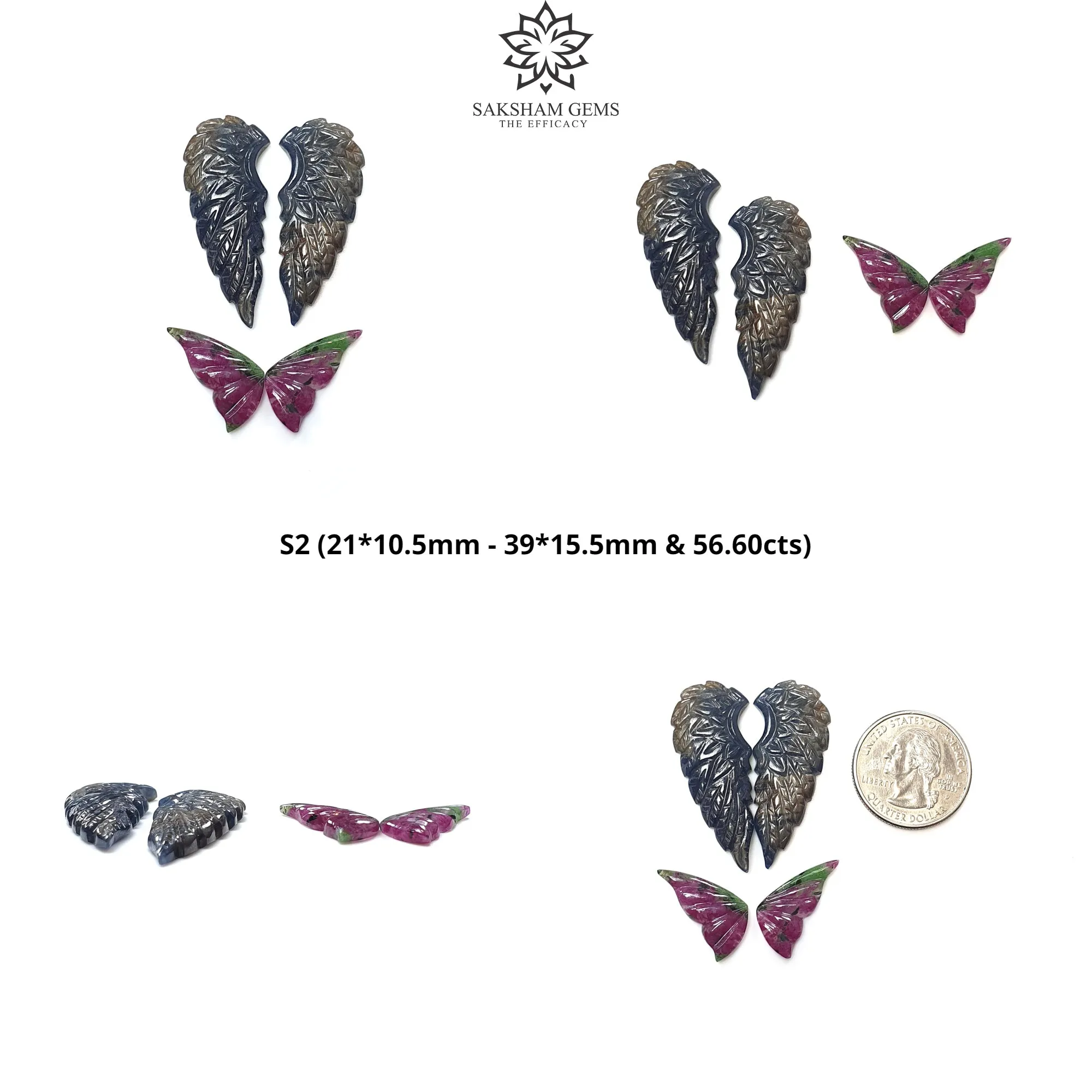 Blue Sapphire & Ruby Gemstone Carving : Natural Untreated Unheated Sapphire, Ruby Hand Carved Butterfly And Angel Wings Sets