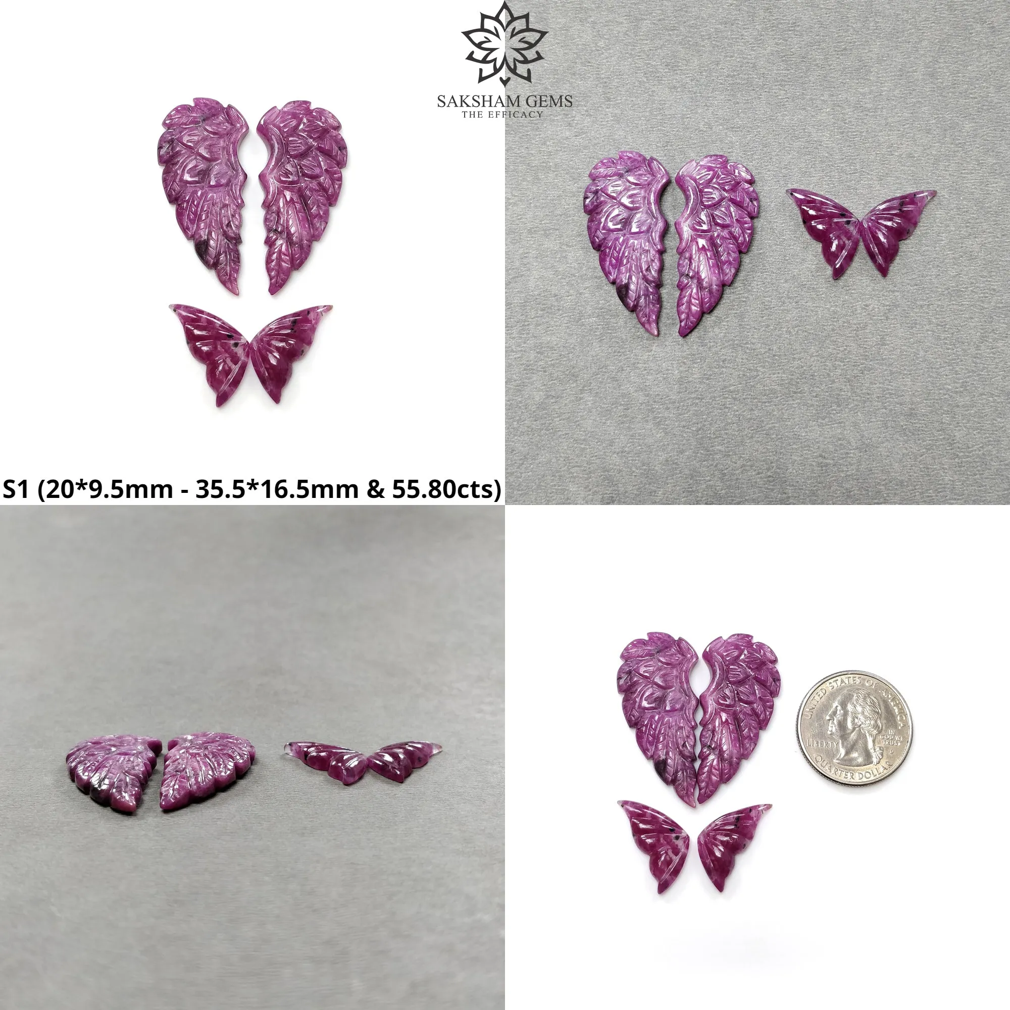 Blue Sapphire & Ruby Gemstone Carving : Natural Untreated Unheated Sapphire, Ruby Hand Carved Butterfly And Angel Wings Sets