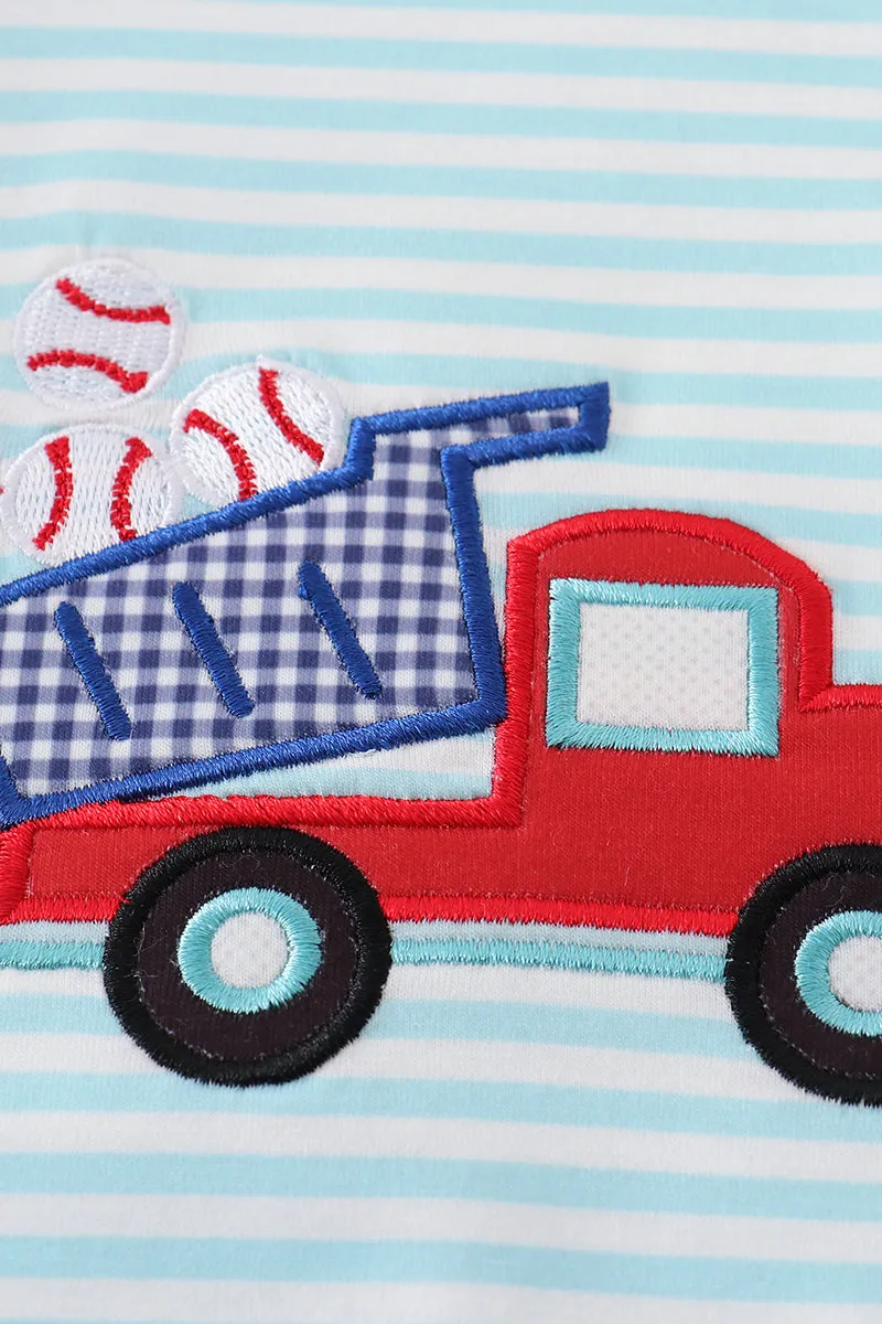 Blue stripe truck baseball applique girl bubble