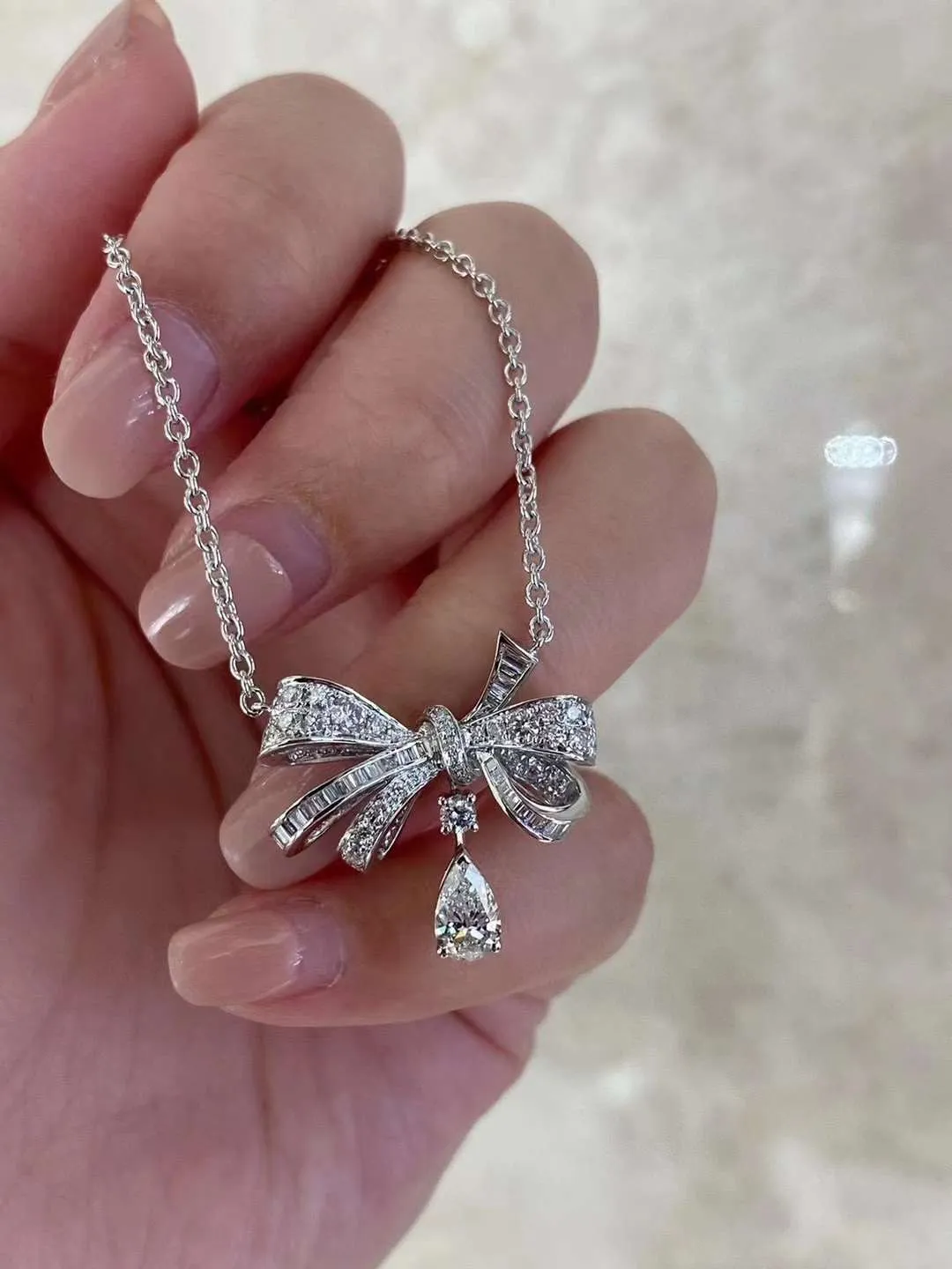 Bow With Pear Diamond Necklace - SN008