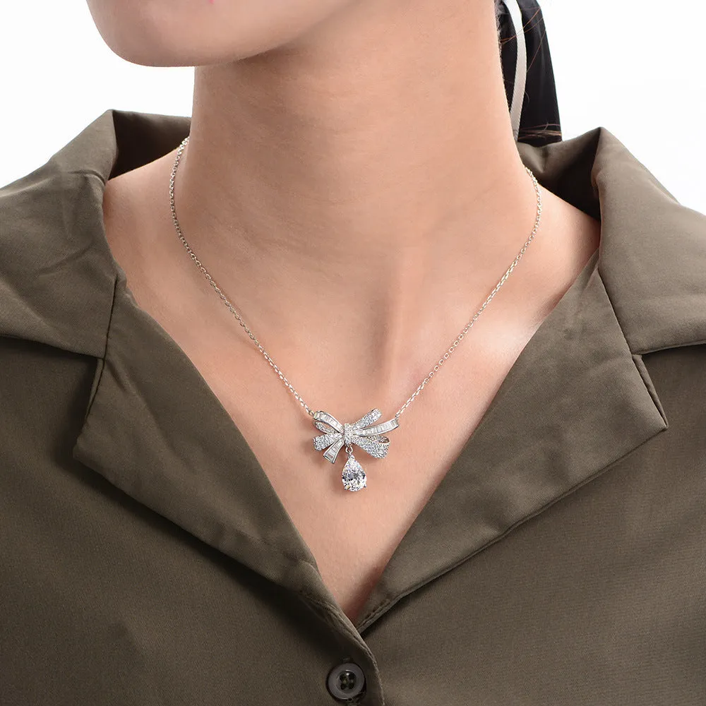 Bow With Pear Diamond Necklace - SN008