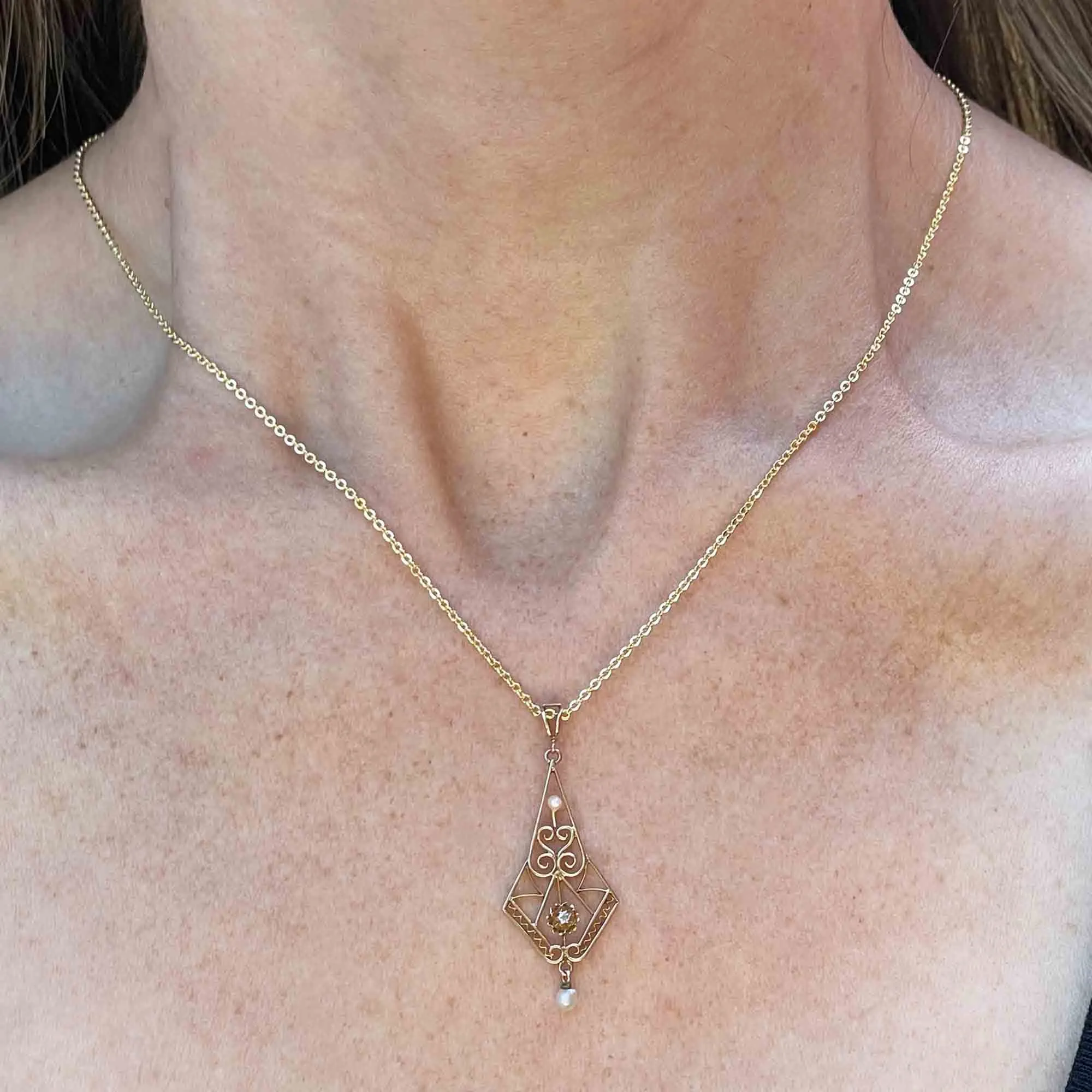 Edwardian 10K Rose Gold Pearl Diamond Lavaliere Necklace