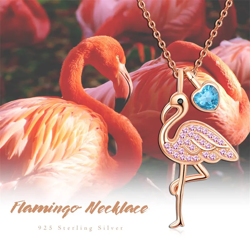 FLamingo Gifts for Women Sterling Silver Flamingo Pendant Necklace Birthstone Jewelry Birthday Gifts for Teens Girls