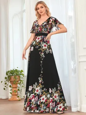 Floral Print V-Neck Butterfly Sleeve Evening Dress