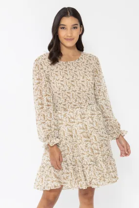 Funfilled Ivory Gold Floral LS Shirred Mini Dress