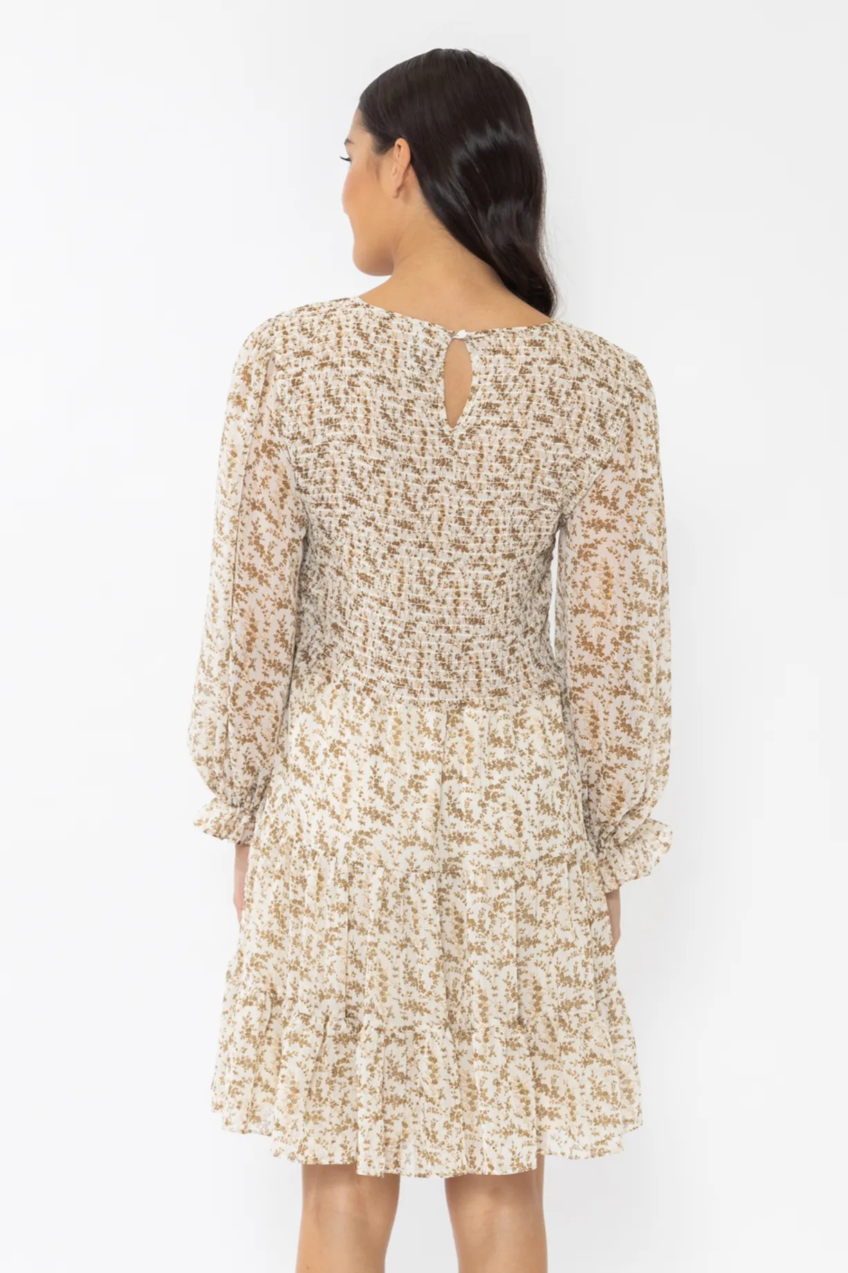 Funfilled Ivory Gold Floral LS Shirred Mini Dress