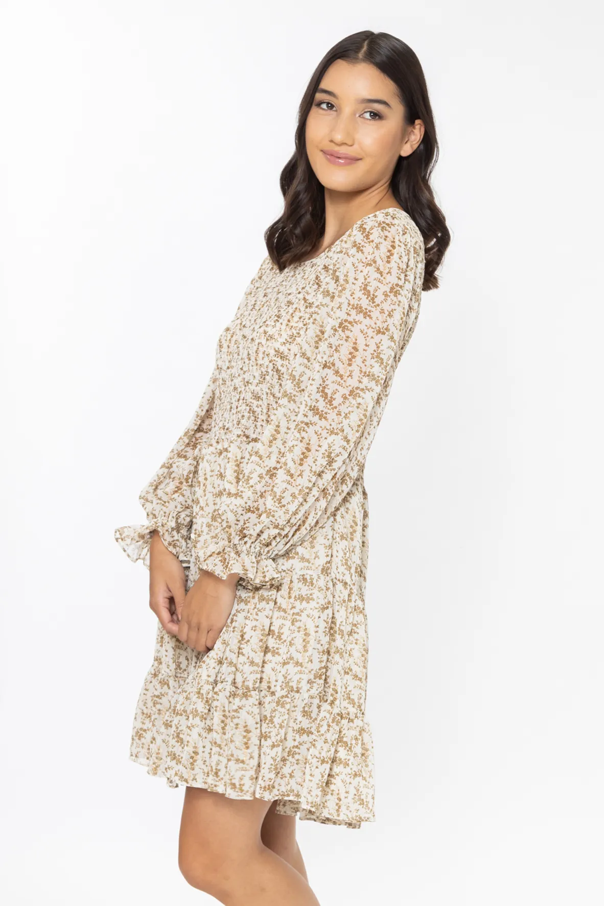 Funfilled Ivory Gold Floral LS Shirred Mini Dress