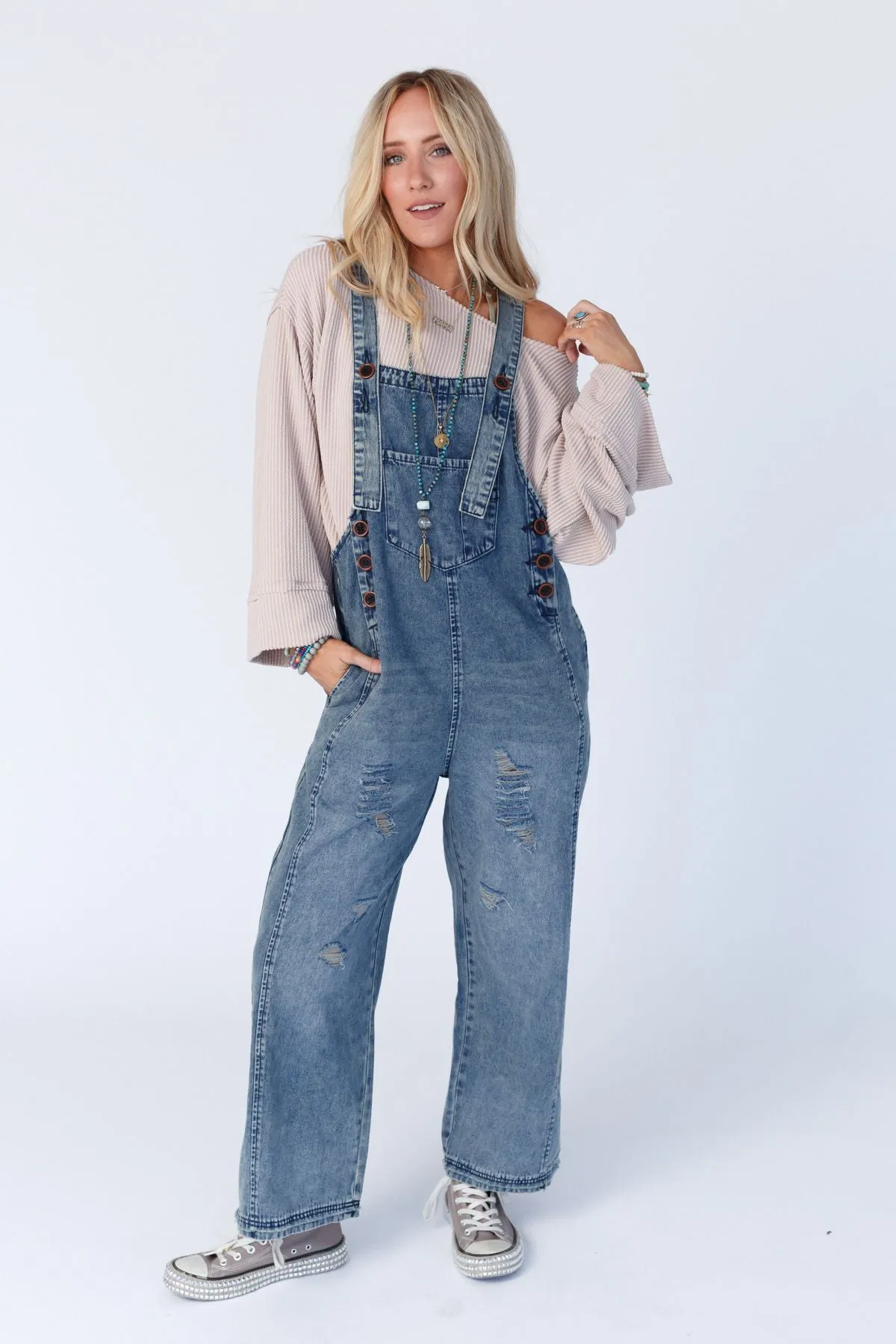 High Hopes Straight Leg Overalls - Washed Denim