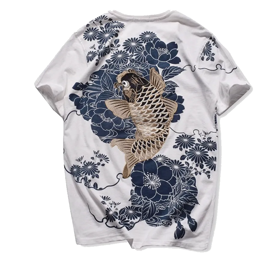 Koi Fish Floral embroidery T-Shirt (White/Blue)