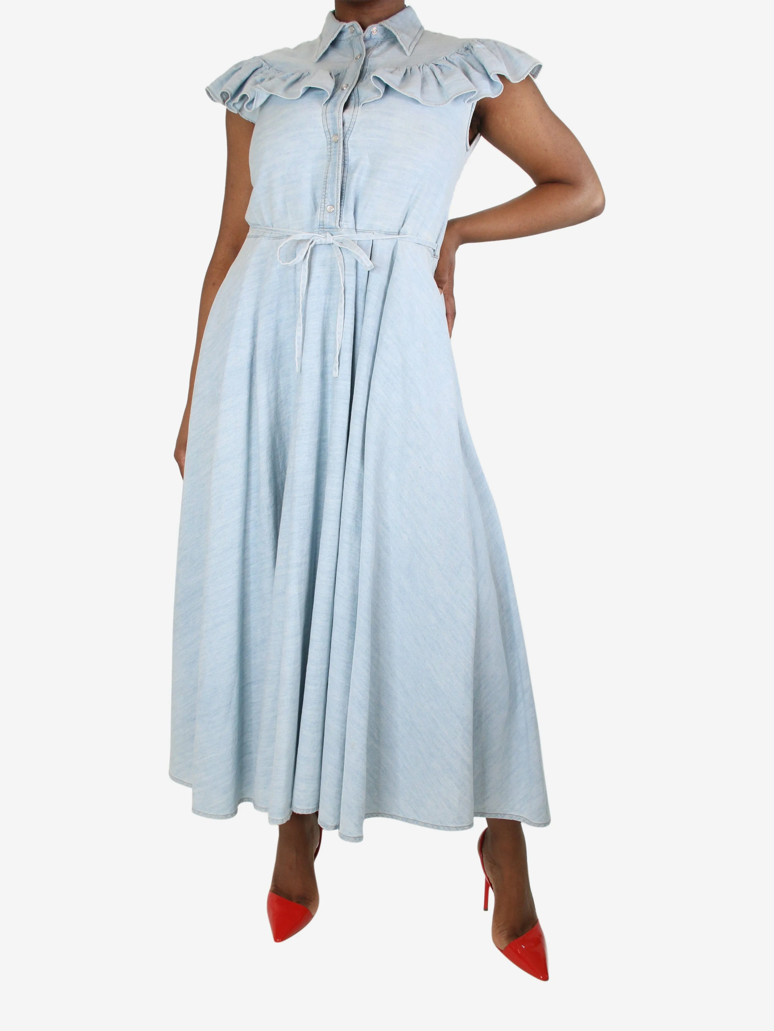 Light blue sleeveless ruffled denim dress - size UK 12