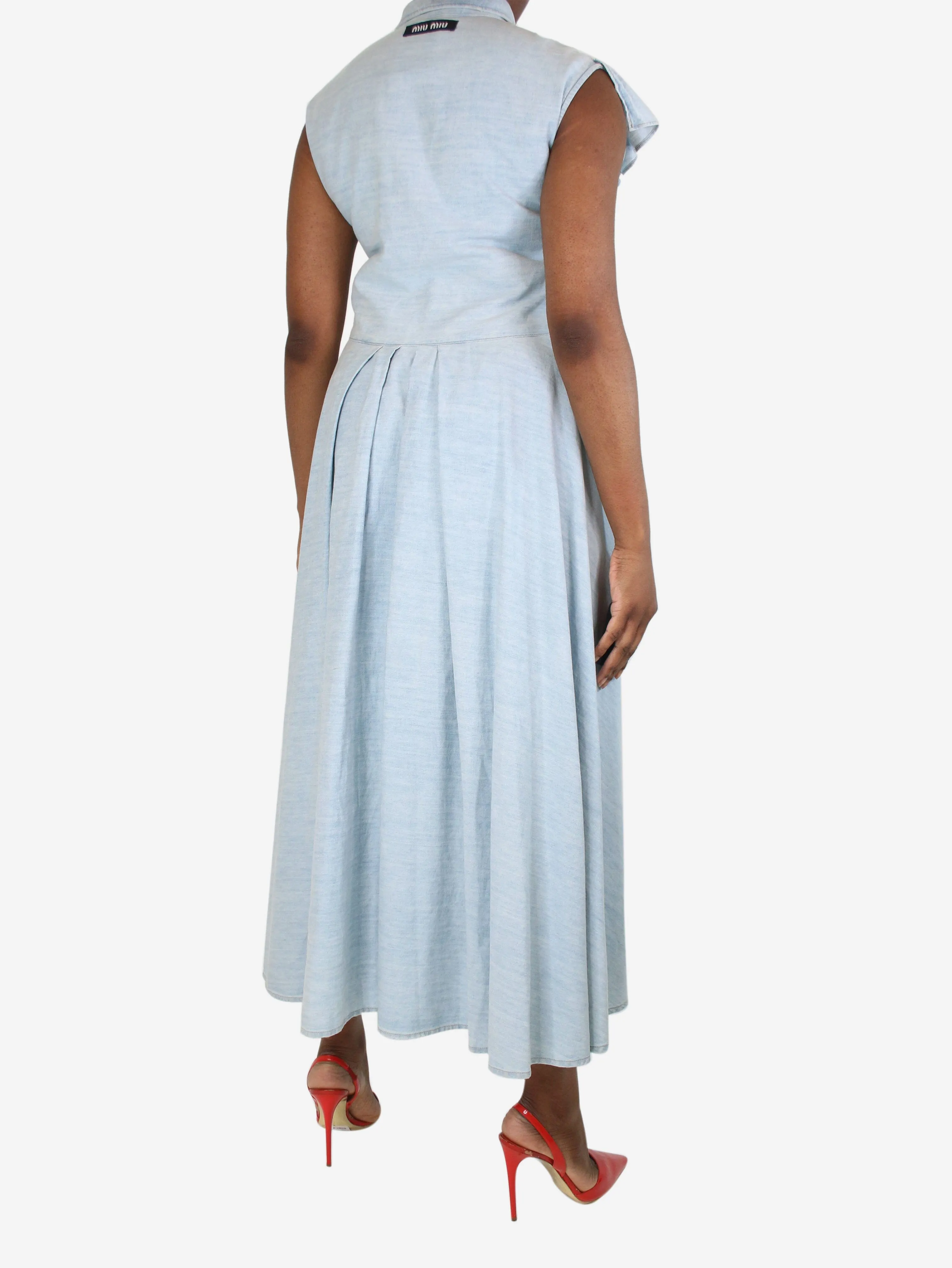 Light blue sleeveless ruffled denim dress - size UK 12