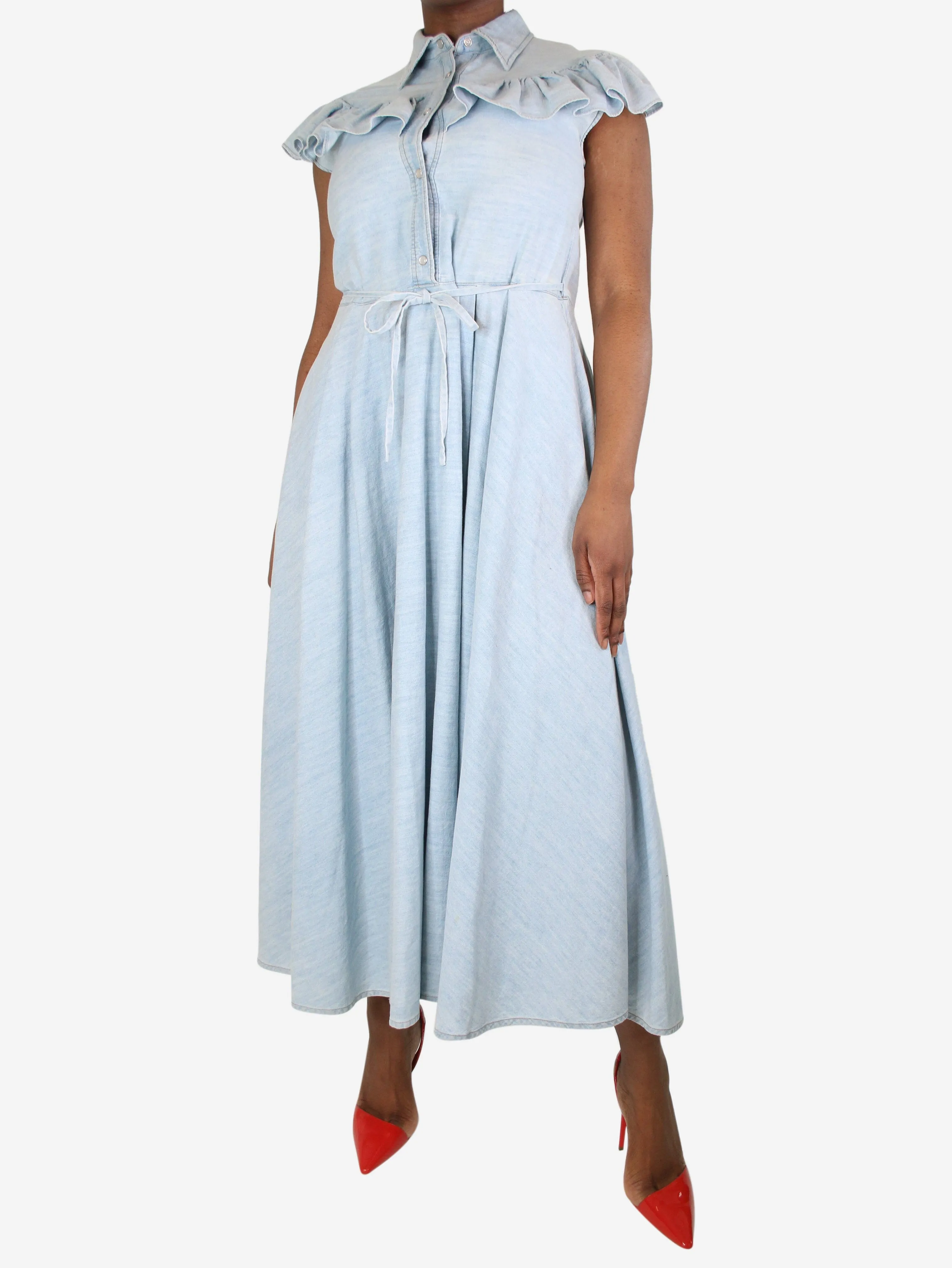 Light blue sleeveless ruffled denim dress - size UK 12