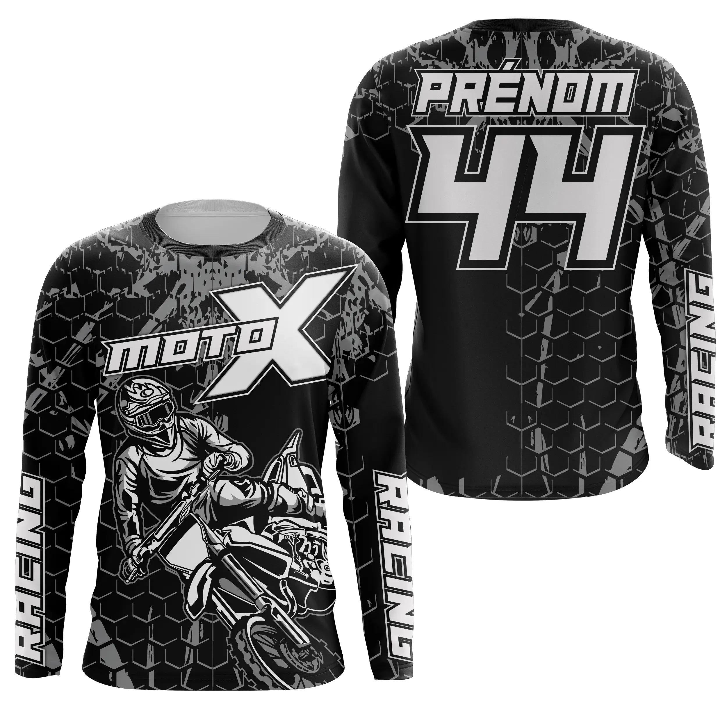 Maillot Cross Protection UV Noir Et Blanc, Cadeau Personnalisé Pilote Moto Cross, Courses Moto Tout-Terrain - 26122207MZ