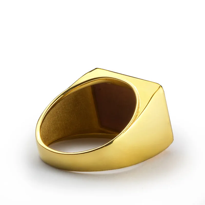 Men's 10k Yellow Gold Band Ring with Natural Brown Tiger's Eye Stone