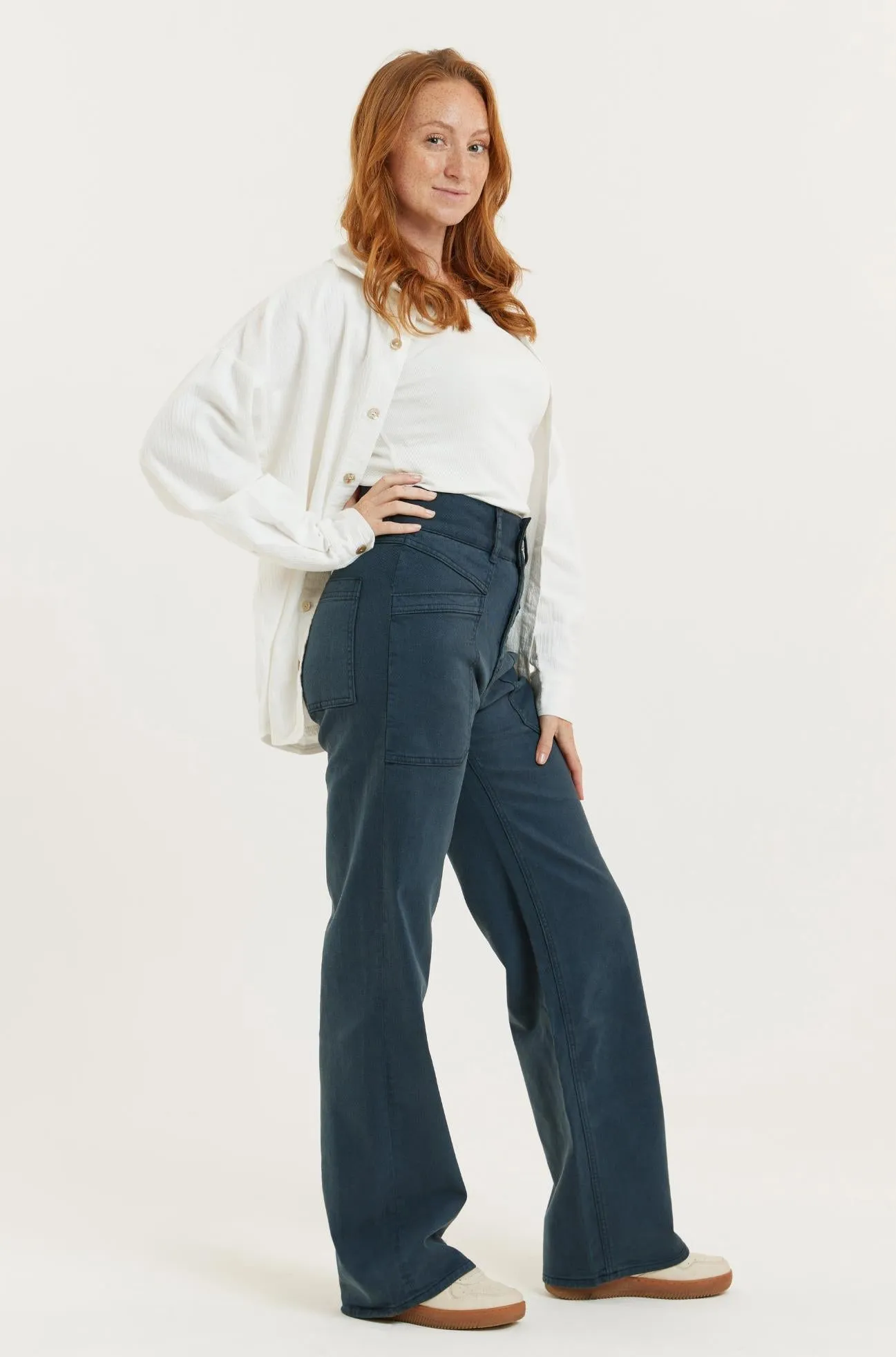 Navy Recycled Wood Twill Denim Dinah Super High Waist Women’s Trouser