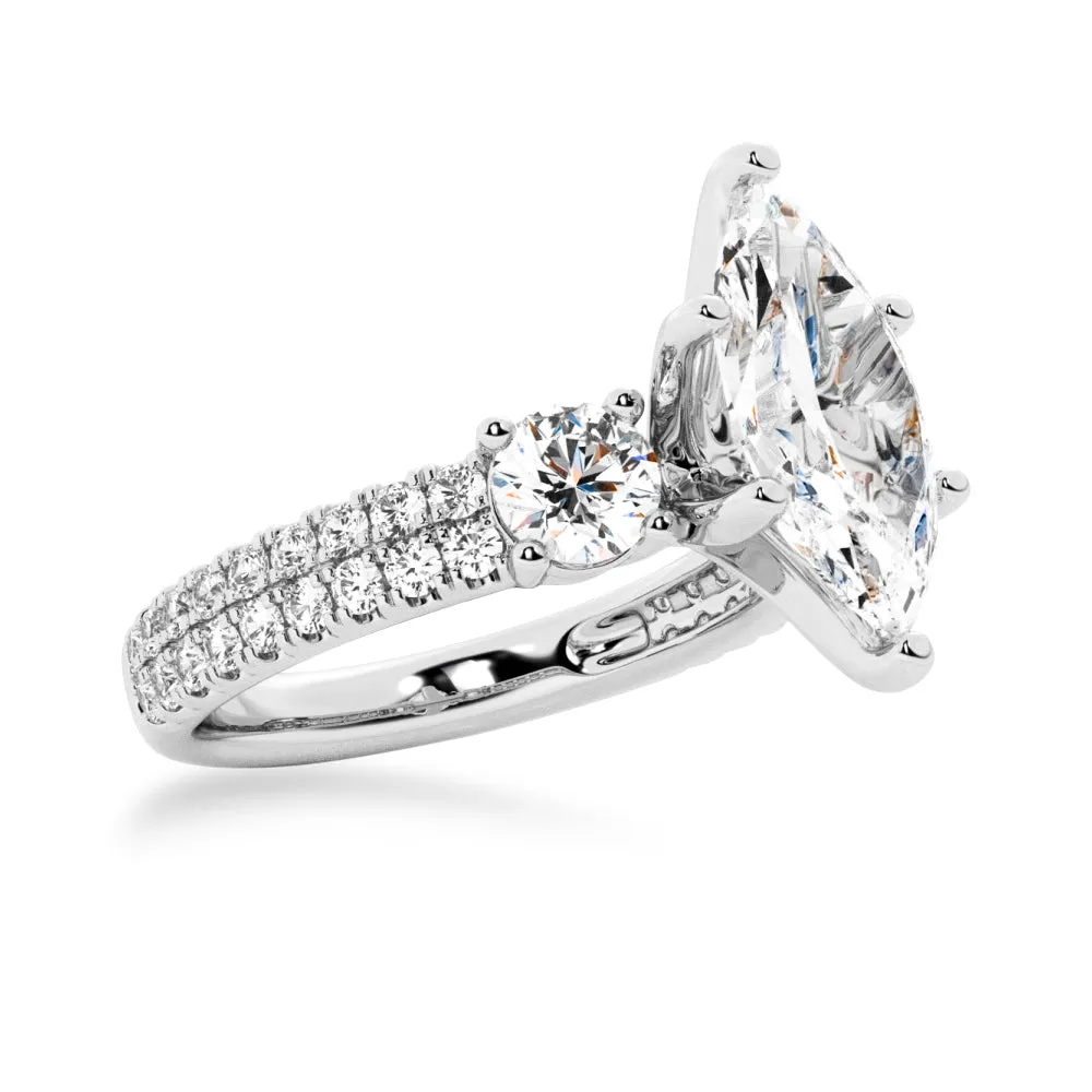 NEW Double Row Pave Three Stone Marquise Cut Moissanite Engagement Ring