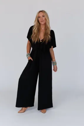 On Repeat Open Back Ruffle Jumpsuit - Black