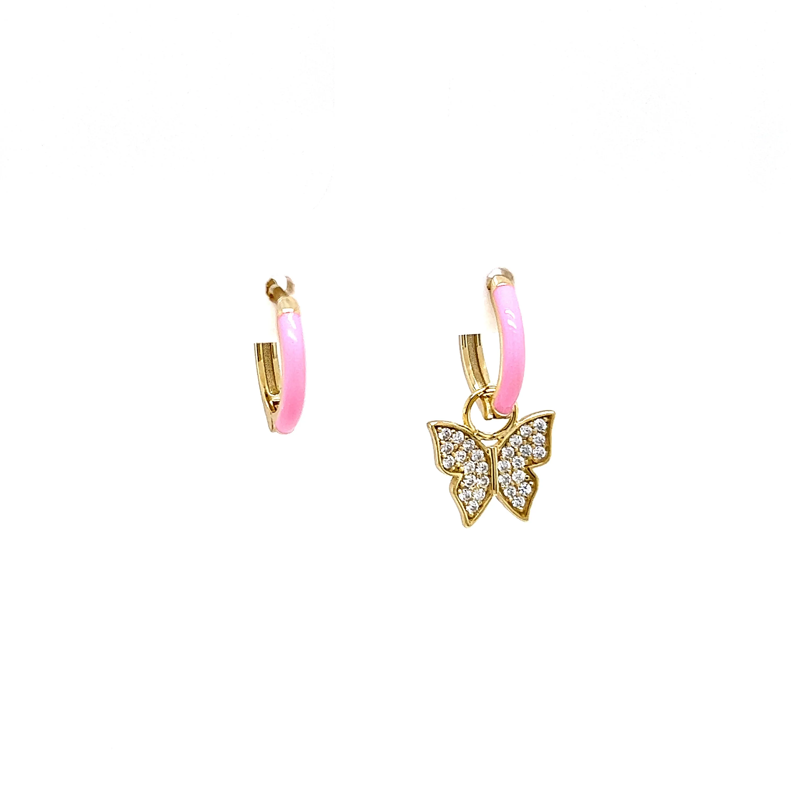 Pink Enamel Huggie Earrings with a Pave Butterfly Charm