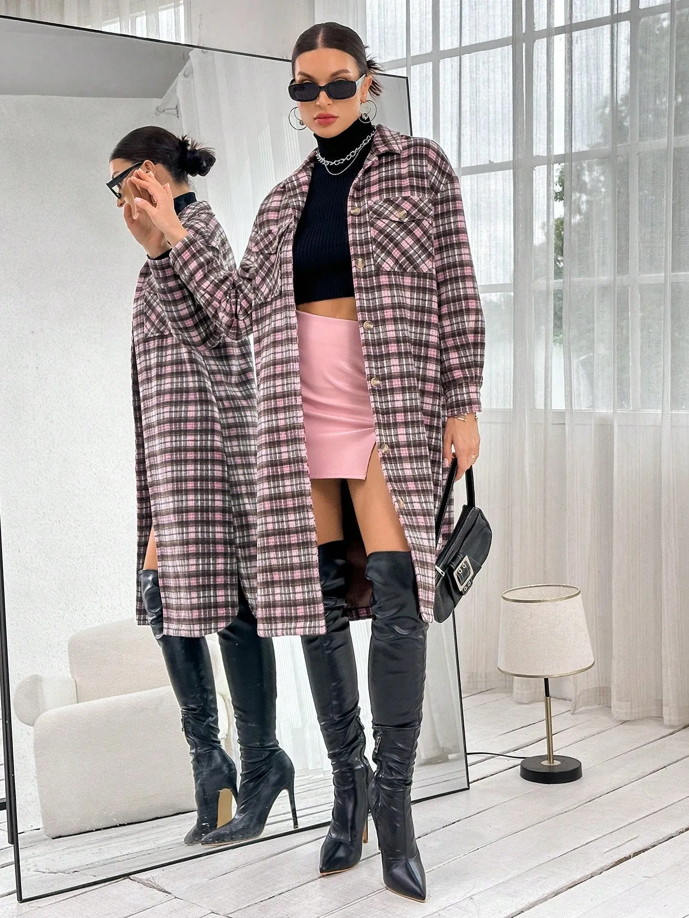 Plaid Print Button Up Coat