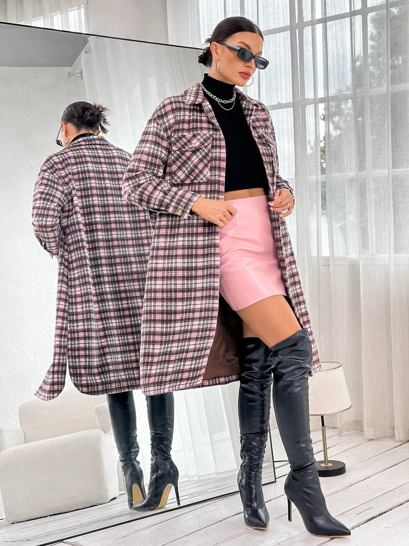 Plaid Print Button Up Coat