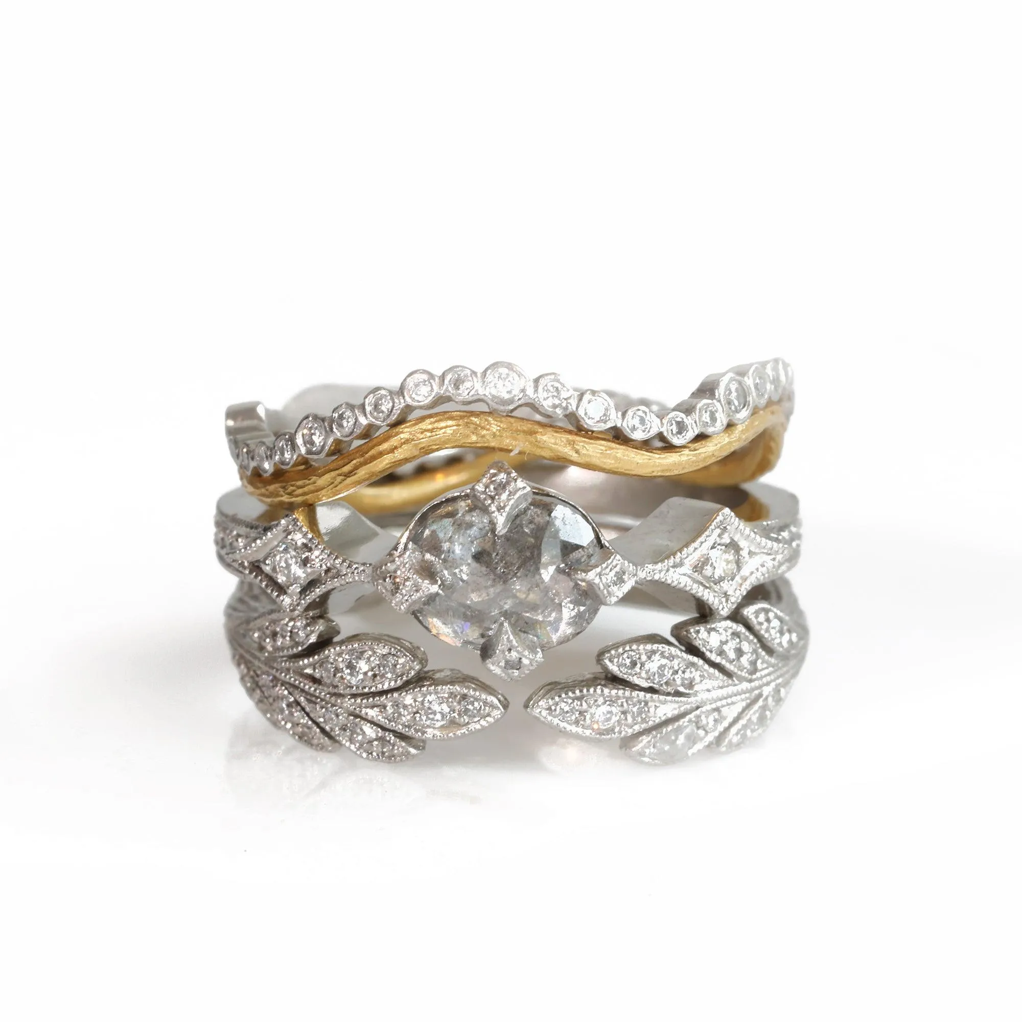 Platinum and Gold Branch and Scallop Ring with Diamonds