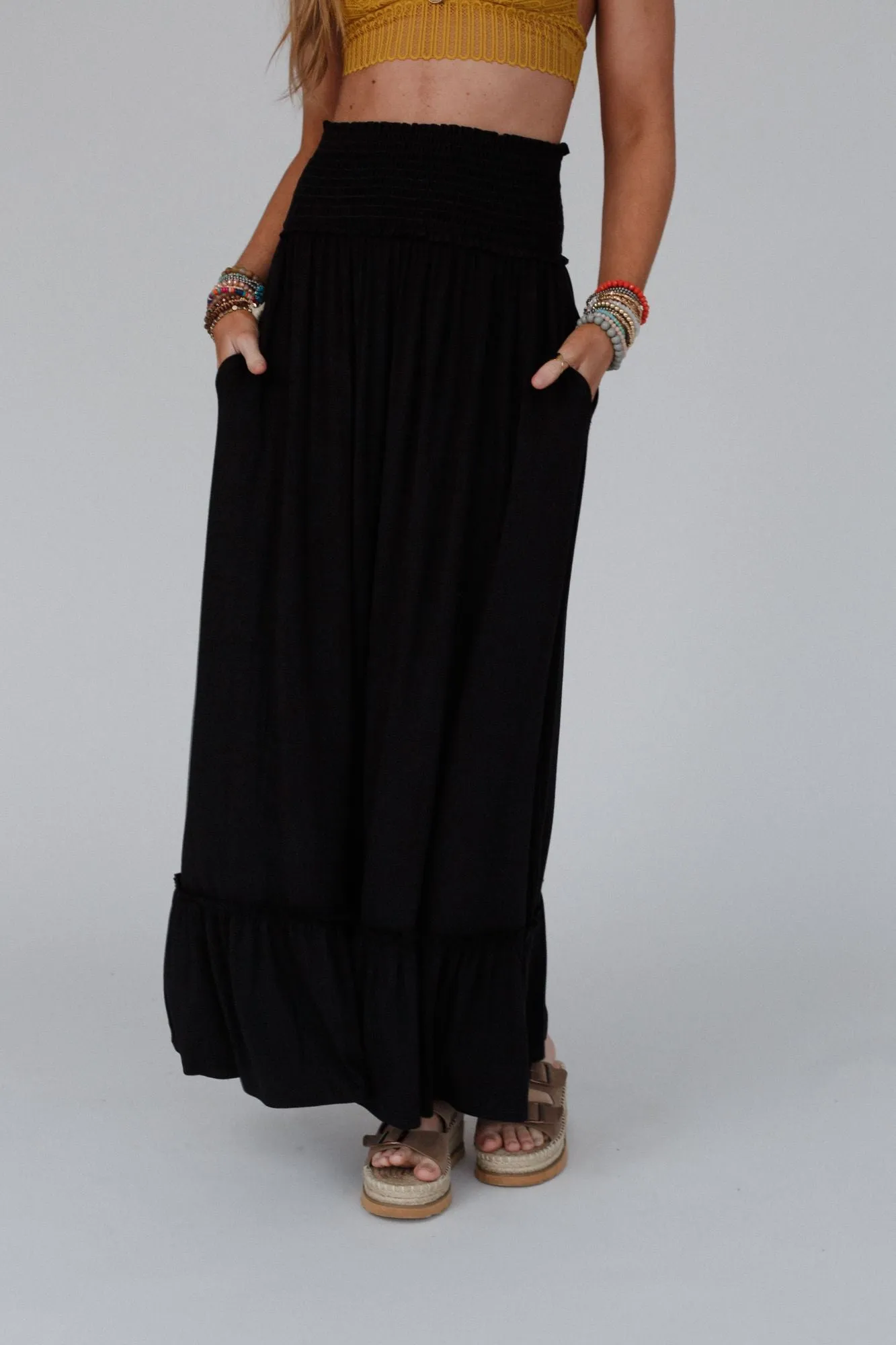 Rustic Romance Smocked Maxi Skirt - Black