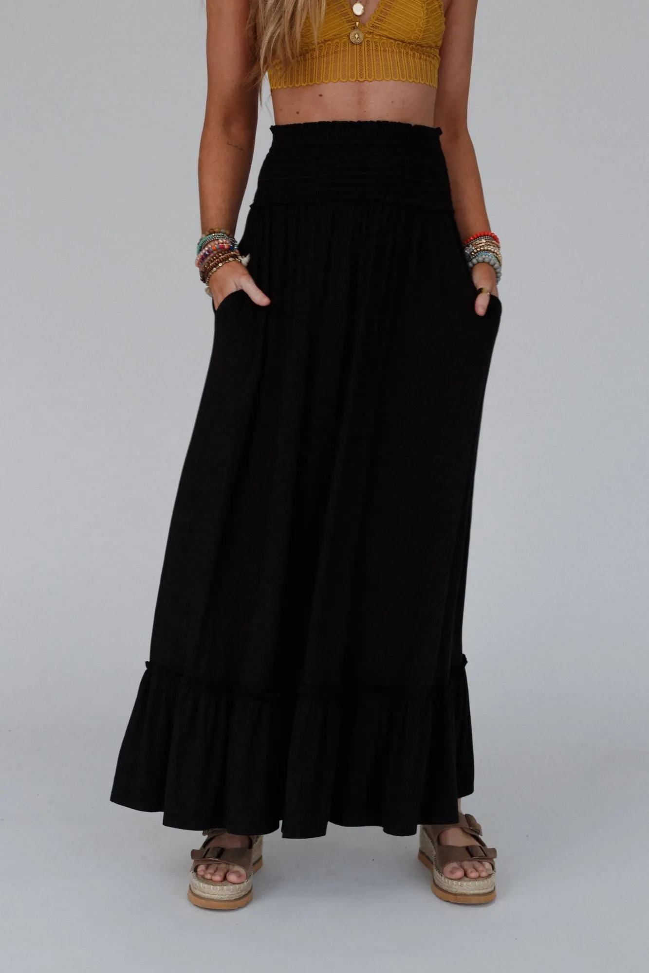 Rustic Romance Smocked Maxi Skirt - Black