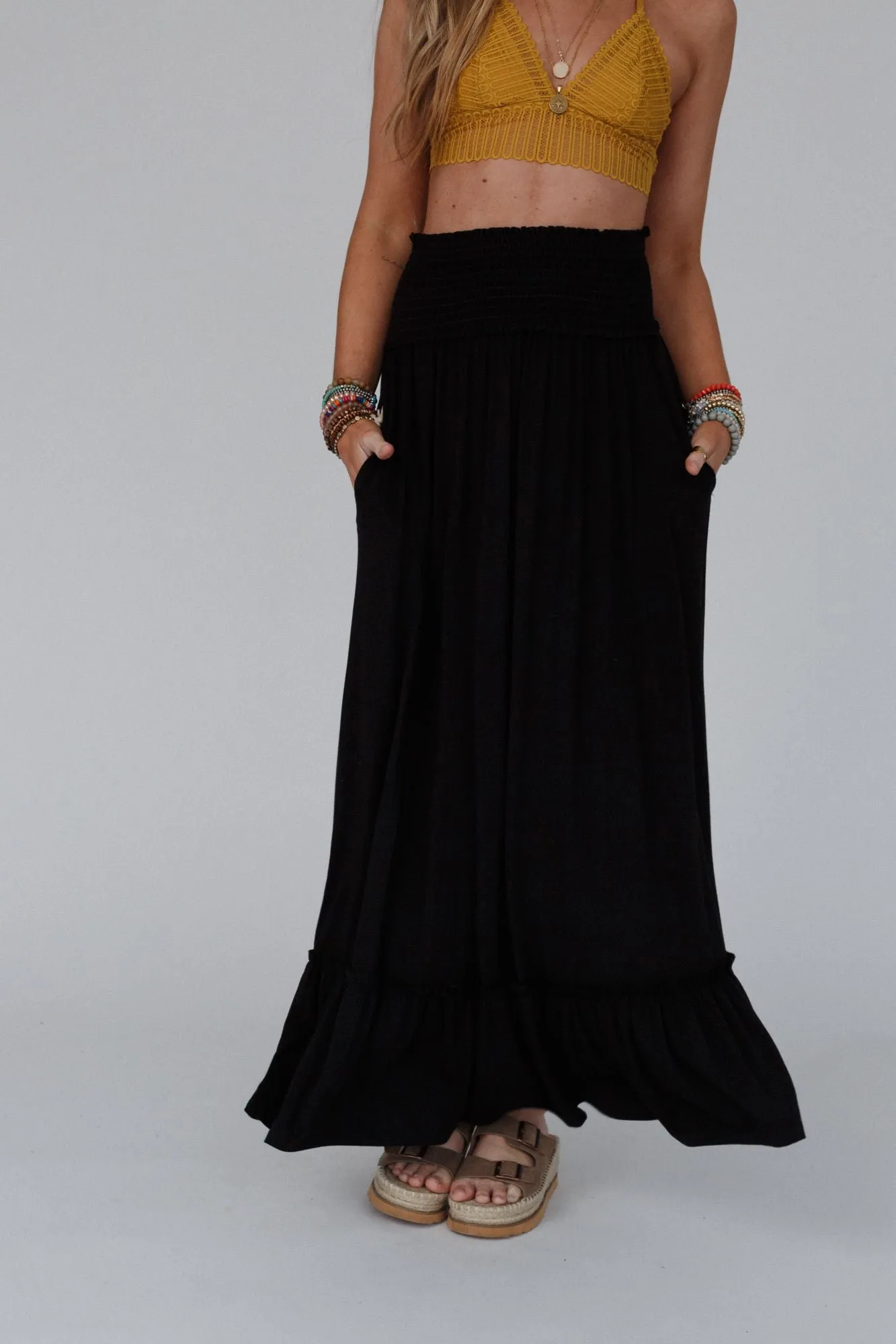 Rustic Romance Smocked Maxi Skirt - Black