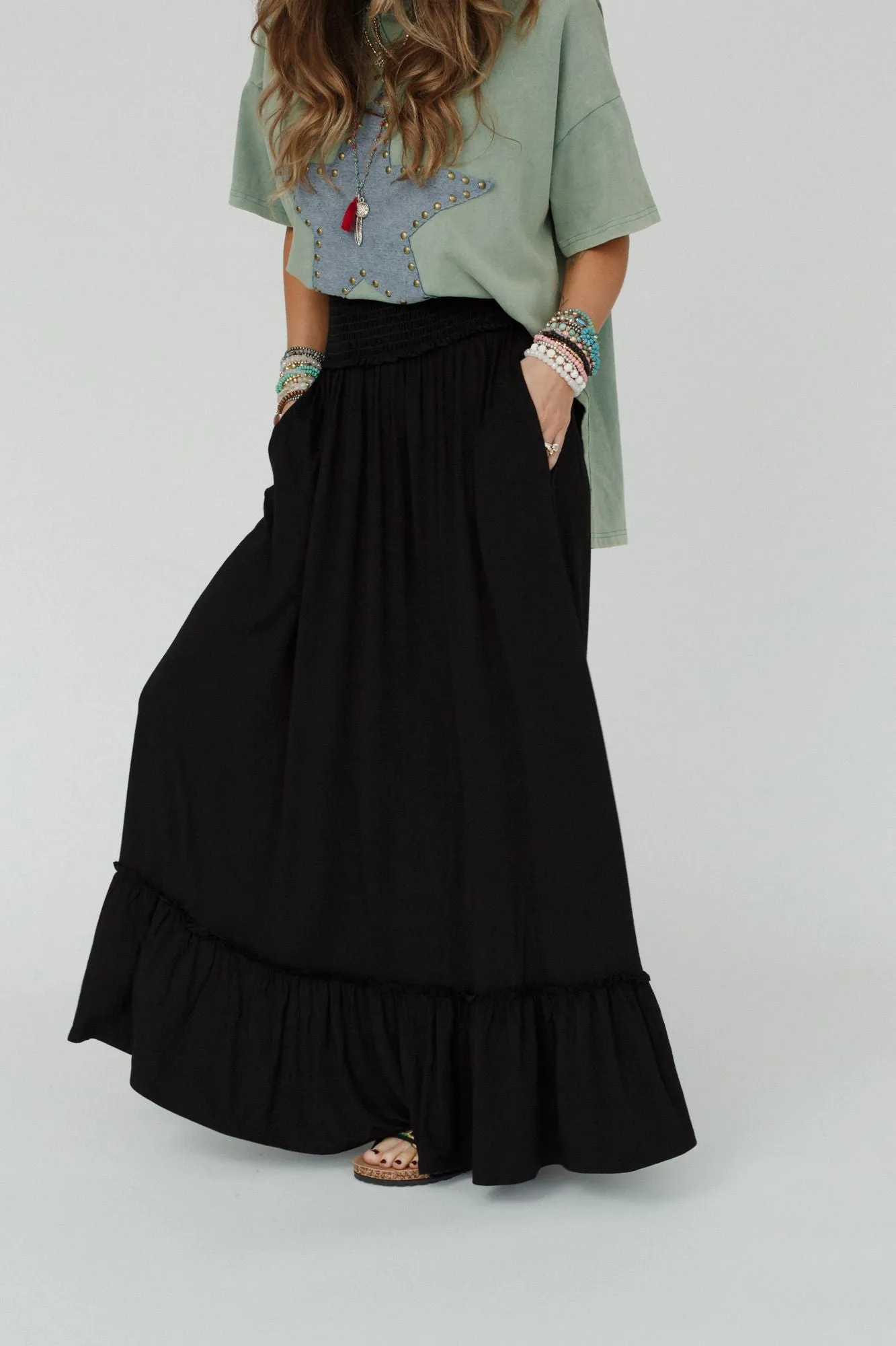 Rustic Romance Smocked Maxi Skirt - Black