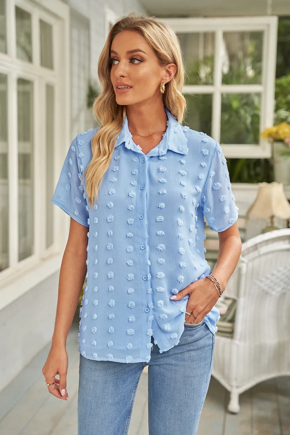 Short Sleeve Shirt For Women Swiss Dot Turn Down Collar Tops